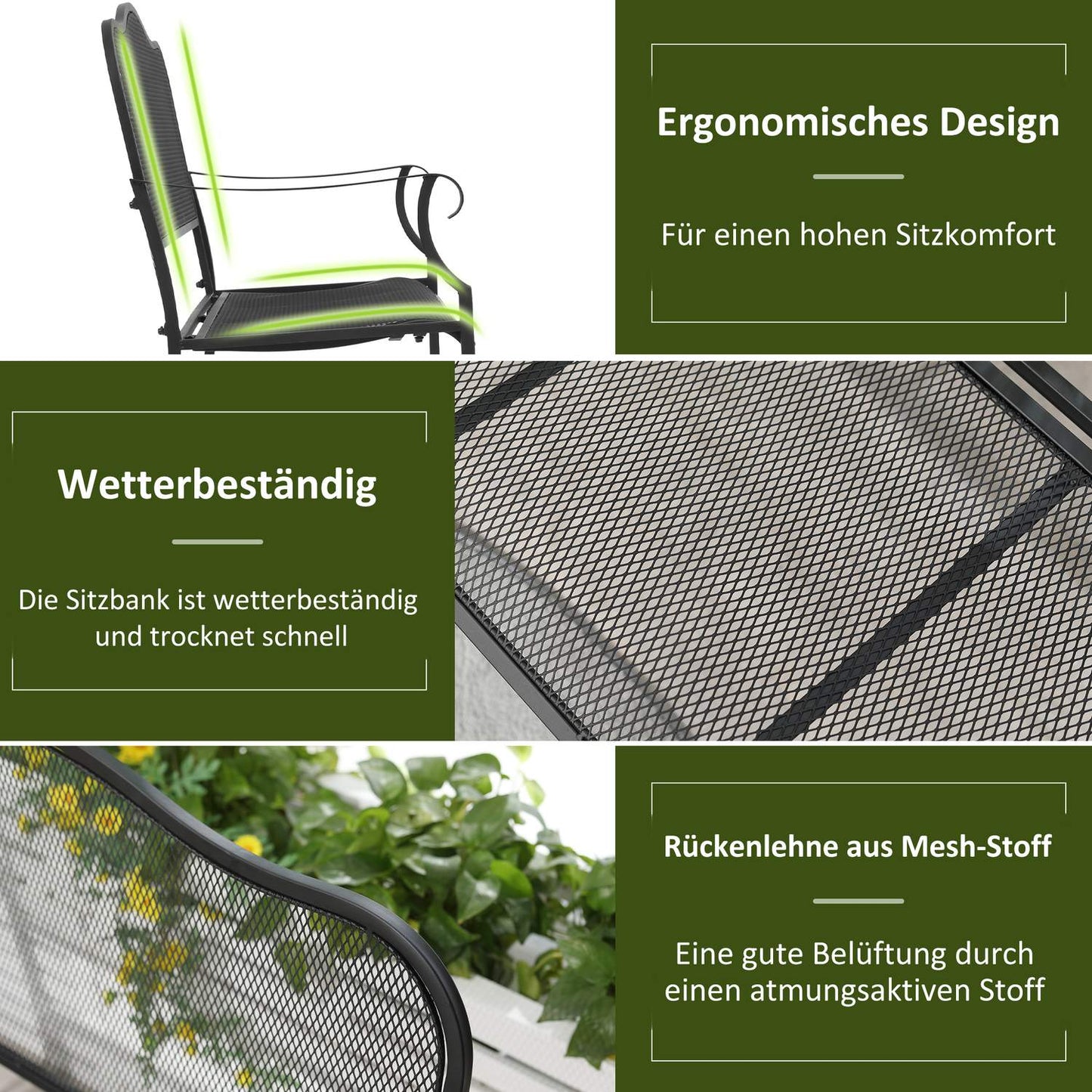 Metal garden bench, 2-seater, black, capacity 220 kg