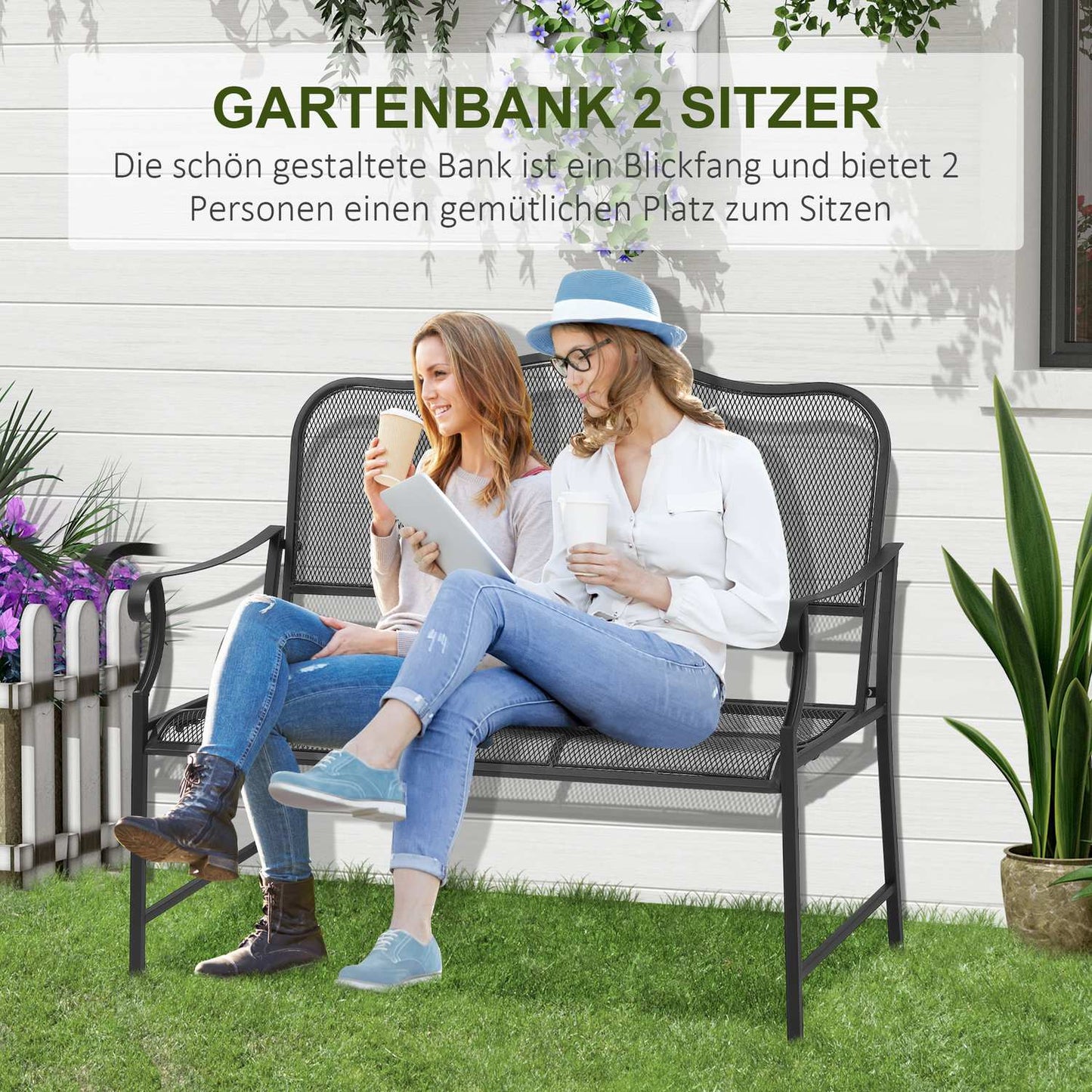 Metal garden bench, 2-seater, black, capacity 220 kg