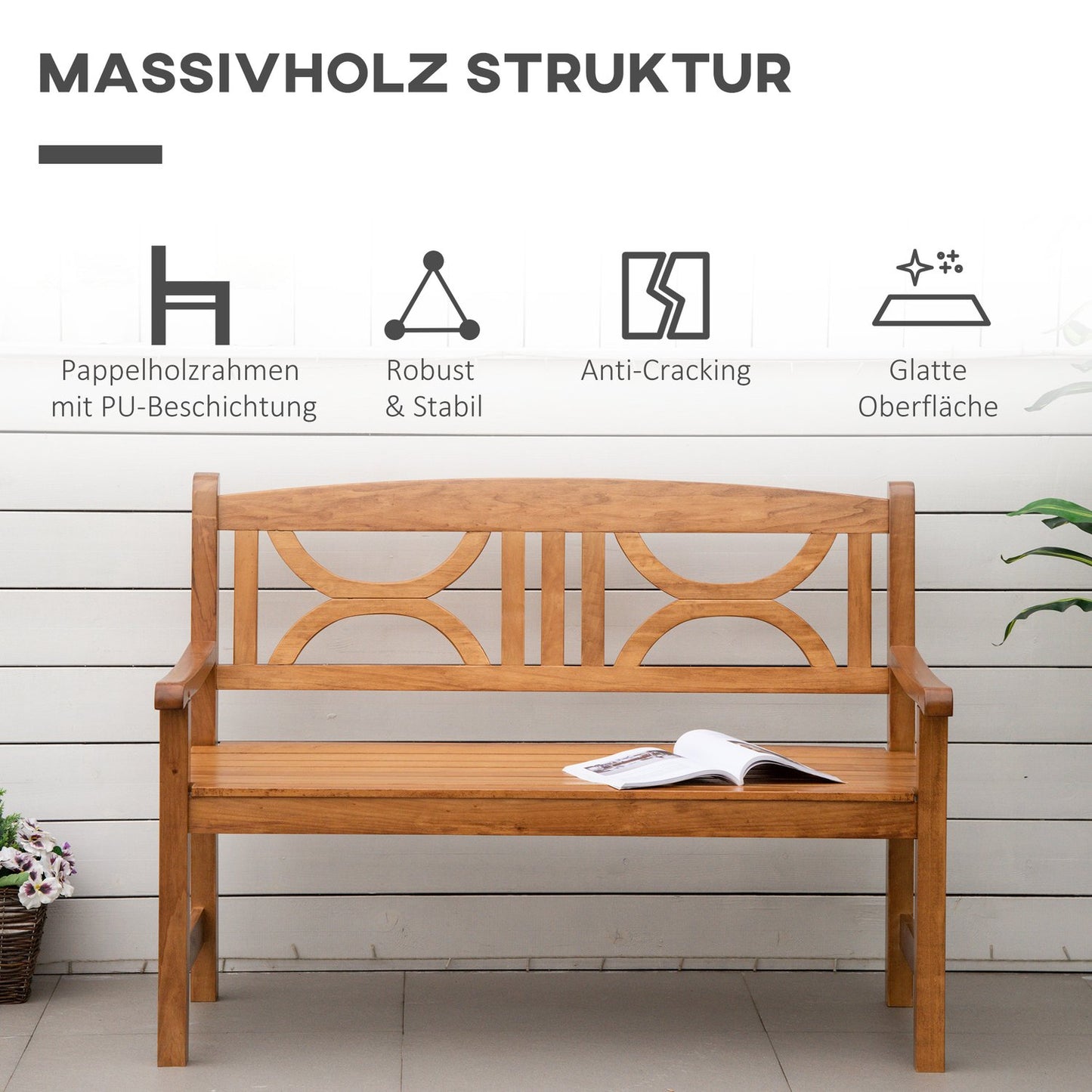 2-seater garden bench, poplar wood, natural finish