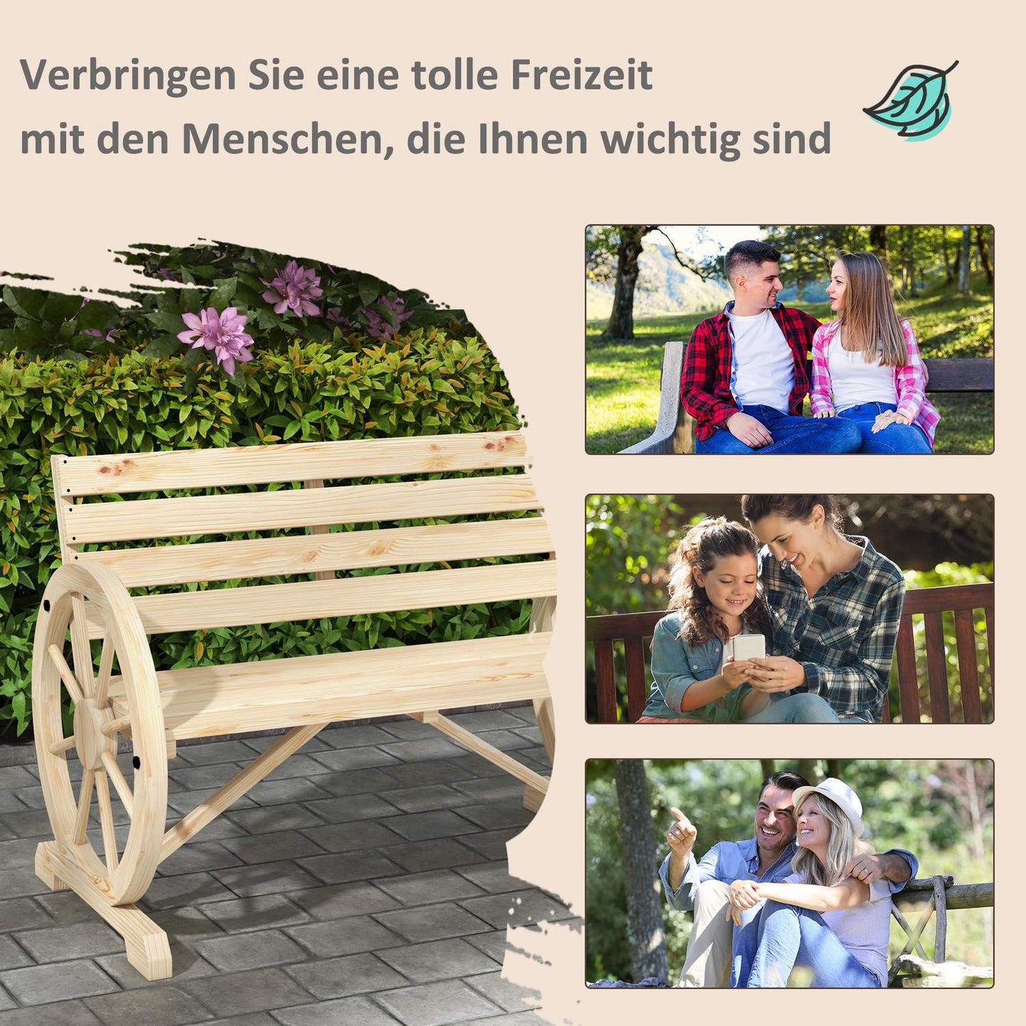 Garden bench, 2 seater, wagon wheel design