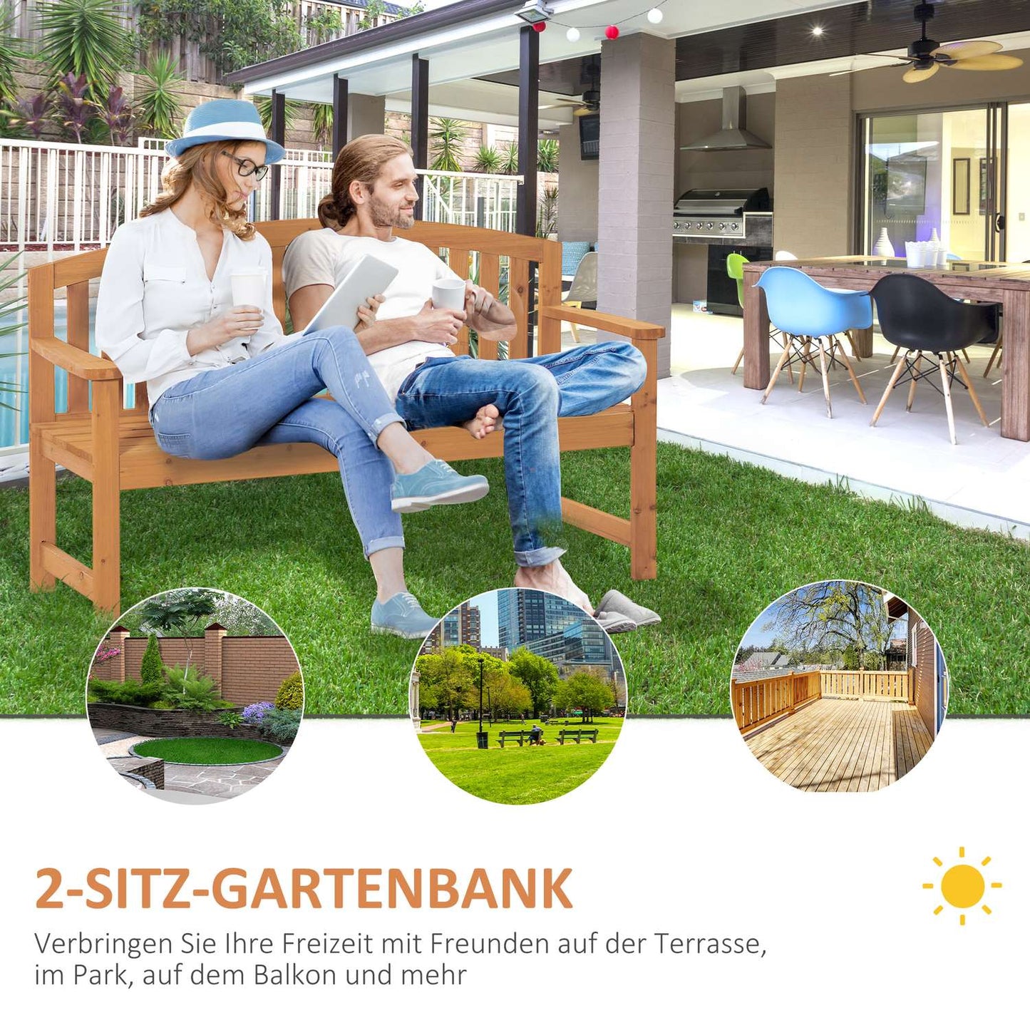 2-seater wooden garden bench, capacity 320 kg, orange