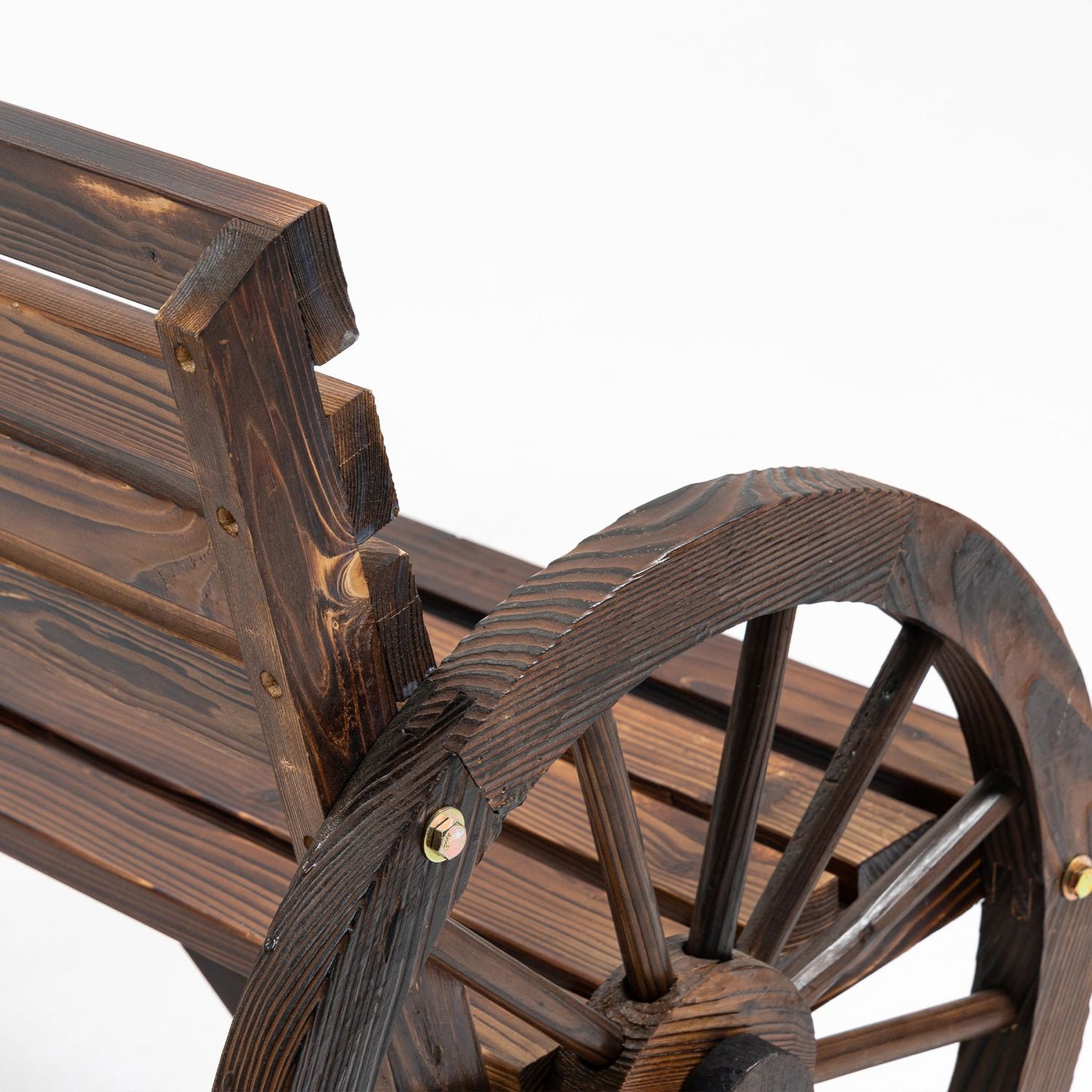 2-seater wooden garden bench with wagon wheel design