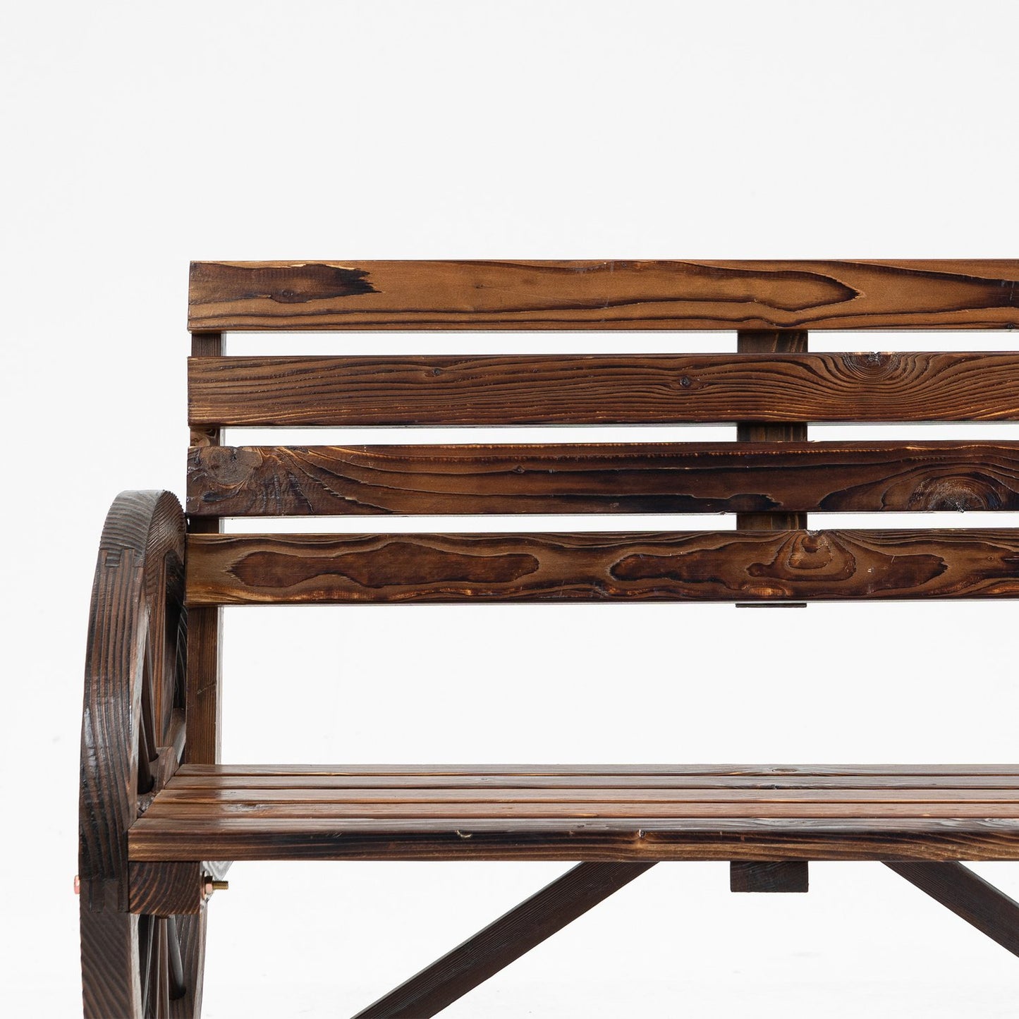 2-seater wooden garden bench with wagon wheel design