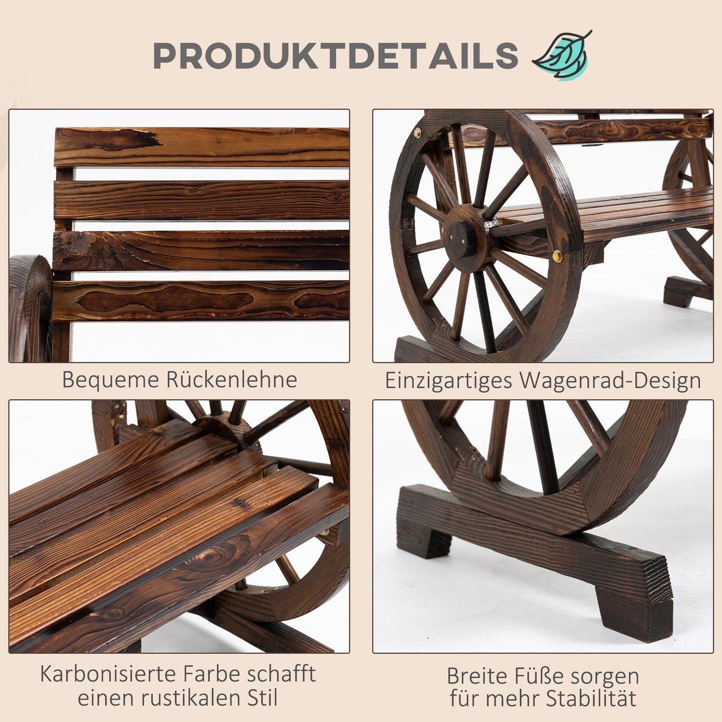 2-seater wooden garden bench with wagon wheel design
