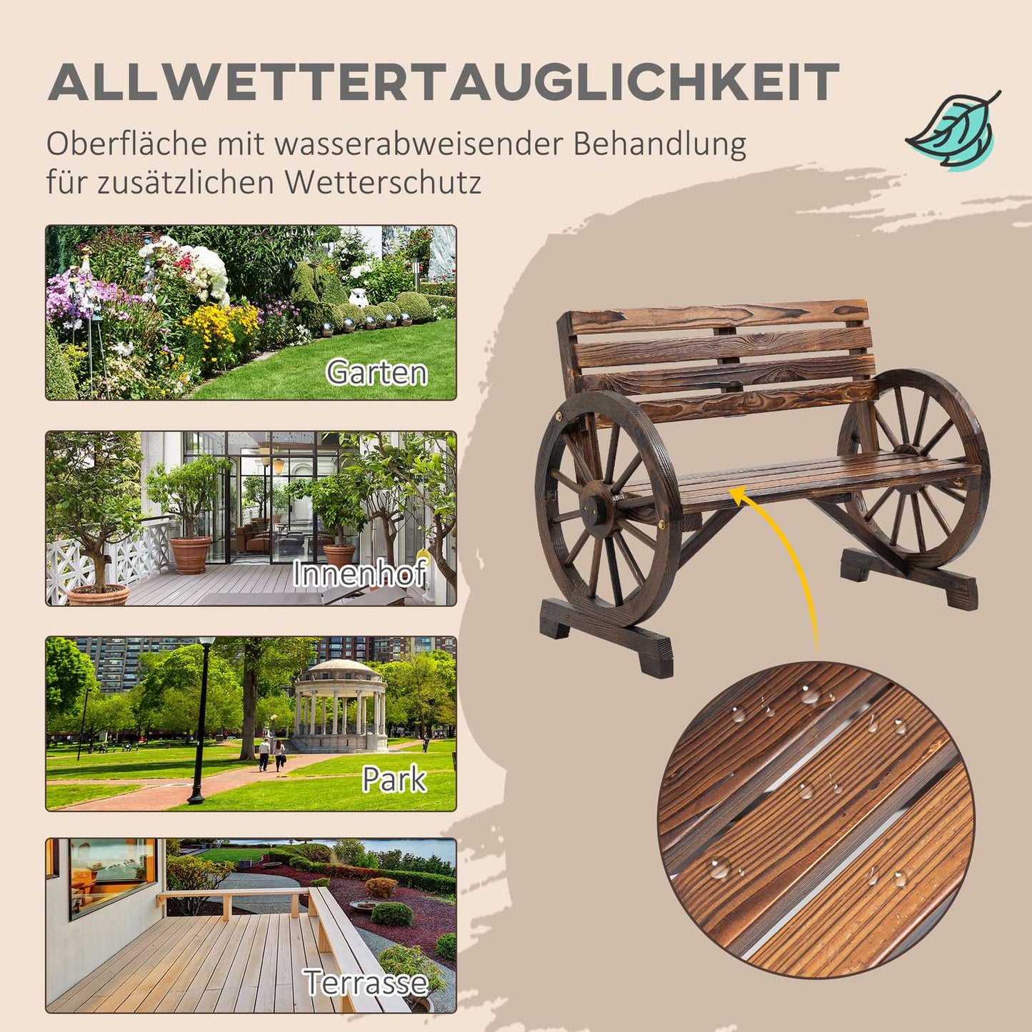 2-seater wooden garden bench with wagon wheel design