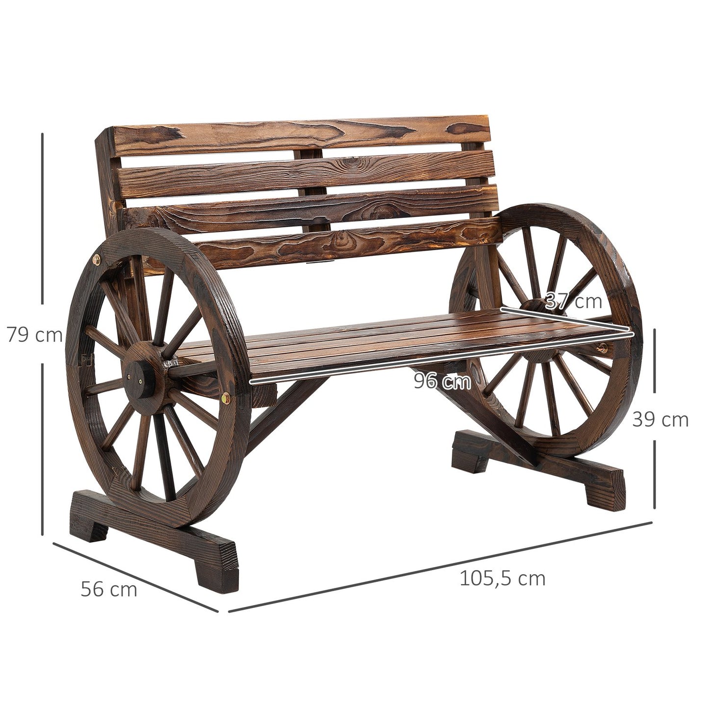 2-seater wooden garden bench with wagon wheel design