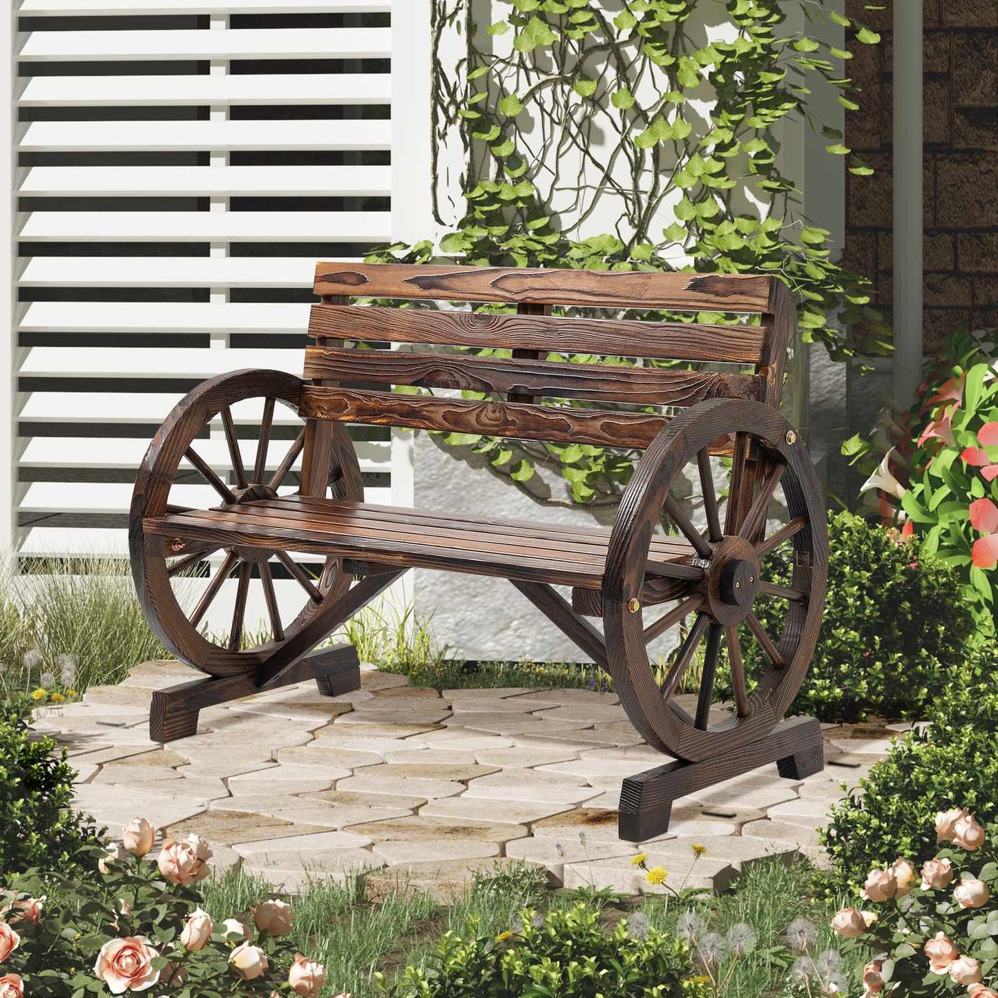 2-seater wooden garden bench with wagon wheel design