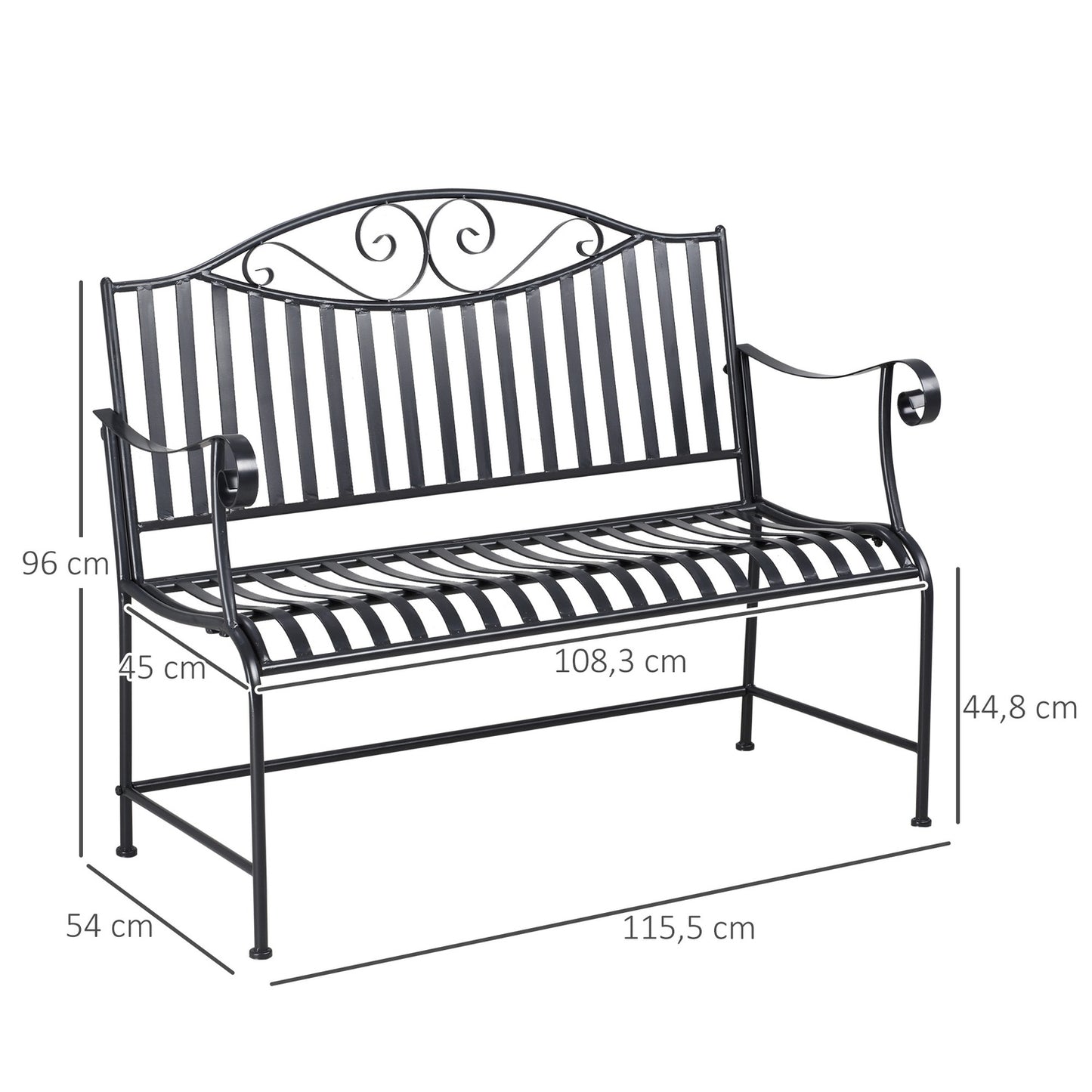 Garden bench in metal for 2 - Grey, robust up to 220 kg