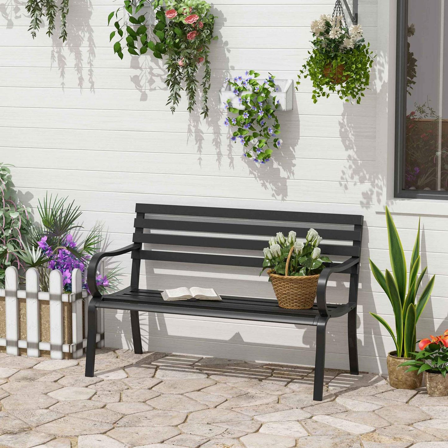 Black metal 2-seater garden bench - 127 x 58 x 82 cm
