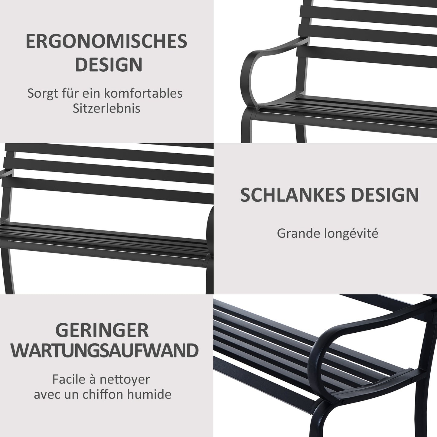 Black metal 2-seater garden bench - 127 x 58 x 82 cm