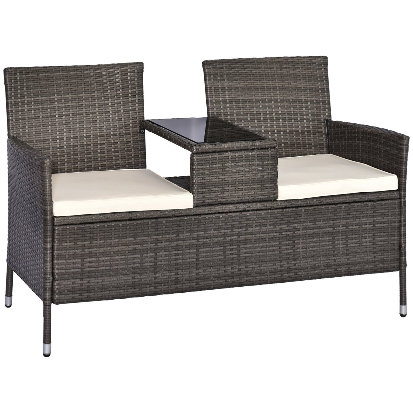 Garden bench in poly rattan, 2-seater with table, grey
