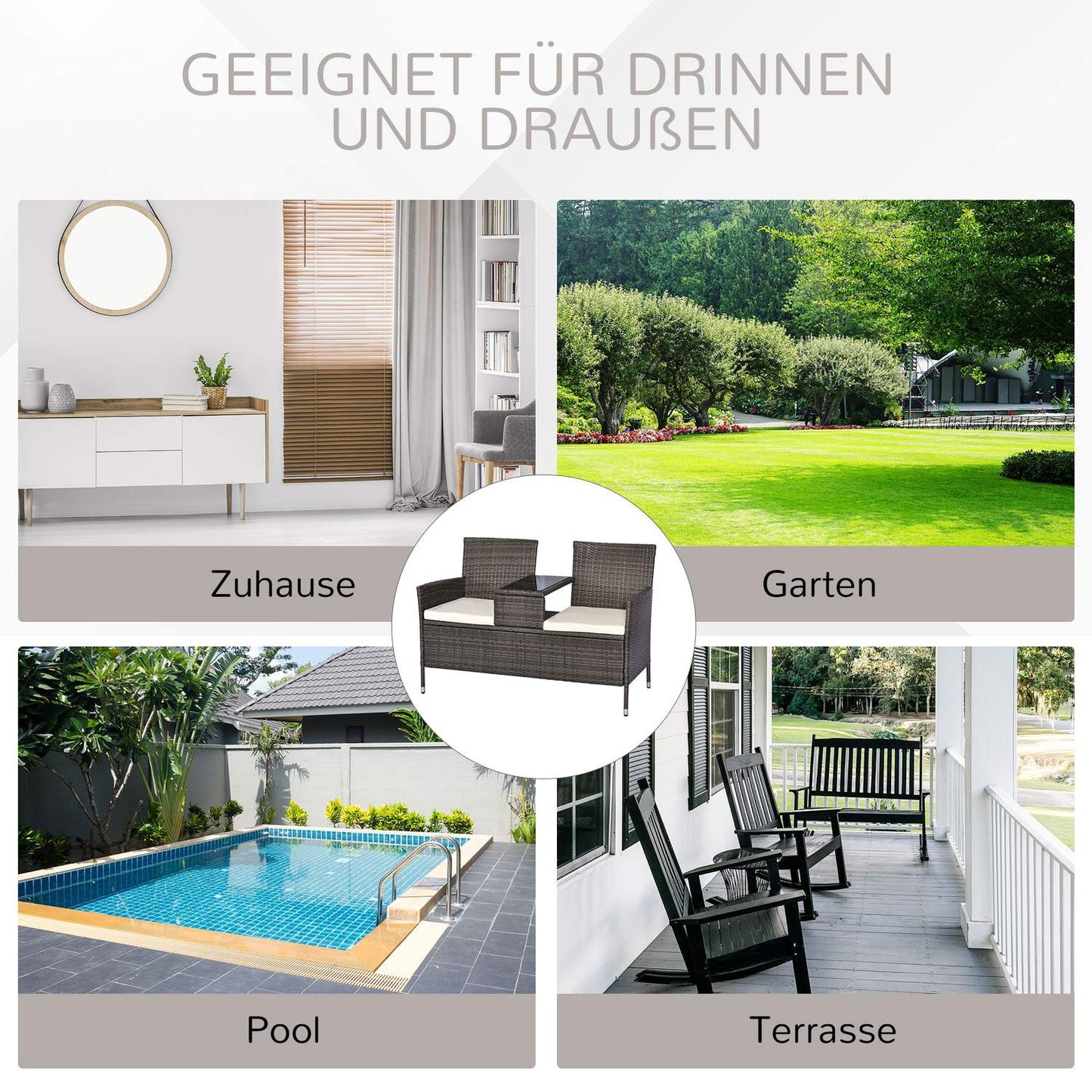 Garden bench in poly rattan, 2-seater with table, grey