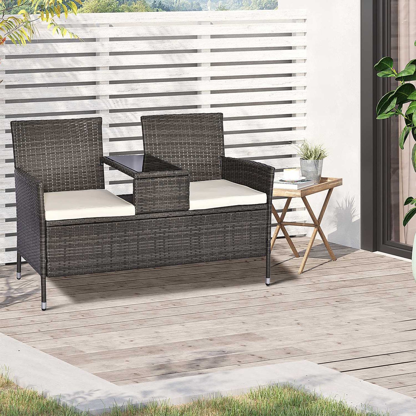 Garden bench in poly rattan, 2-seater with table, grey