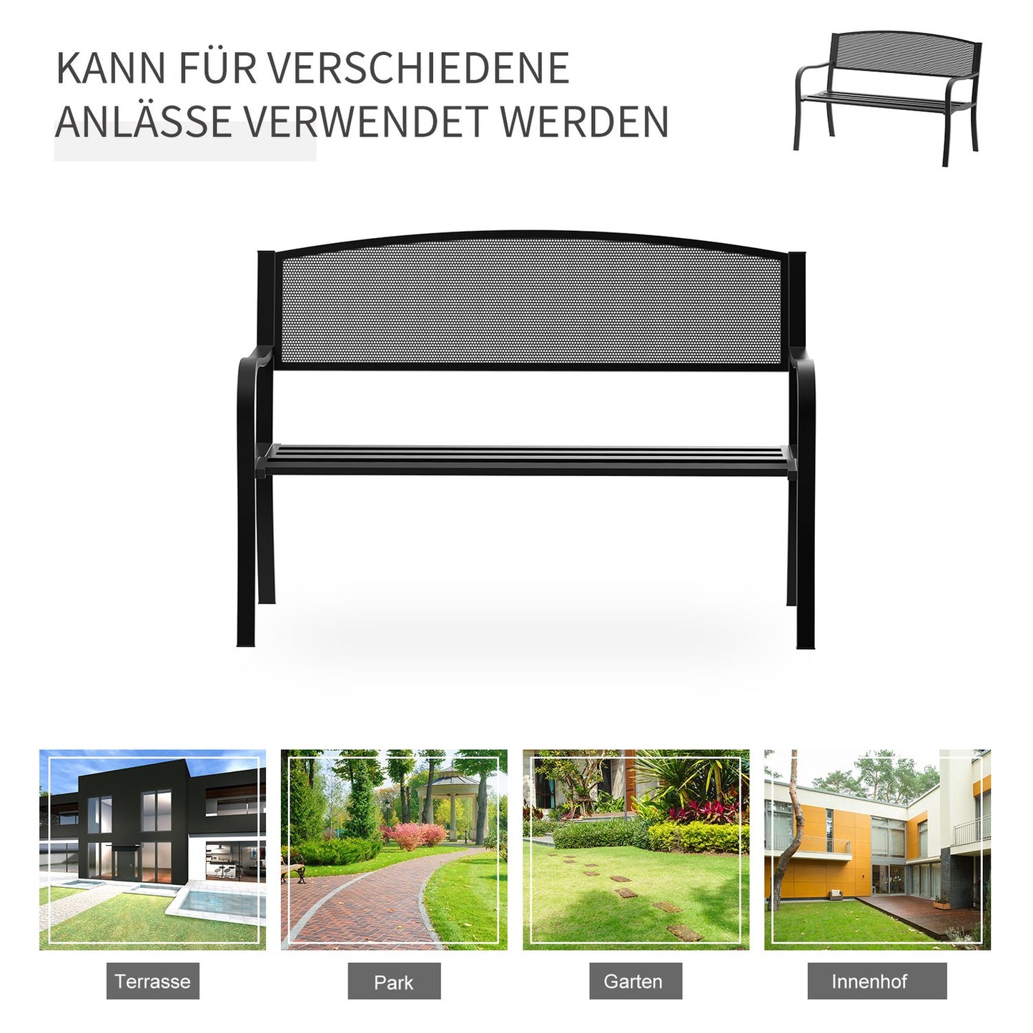 Garden Steel 2-Seater Bench - Black, W127 x D60 x H87Cm