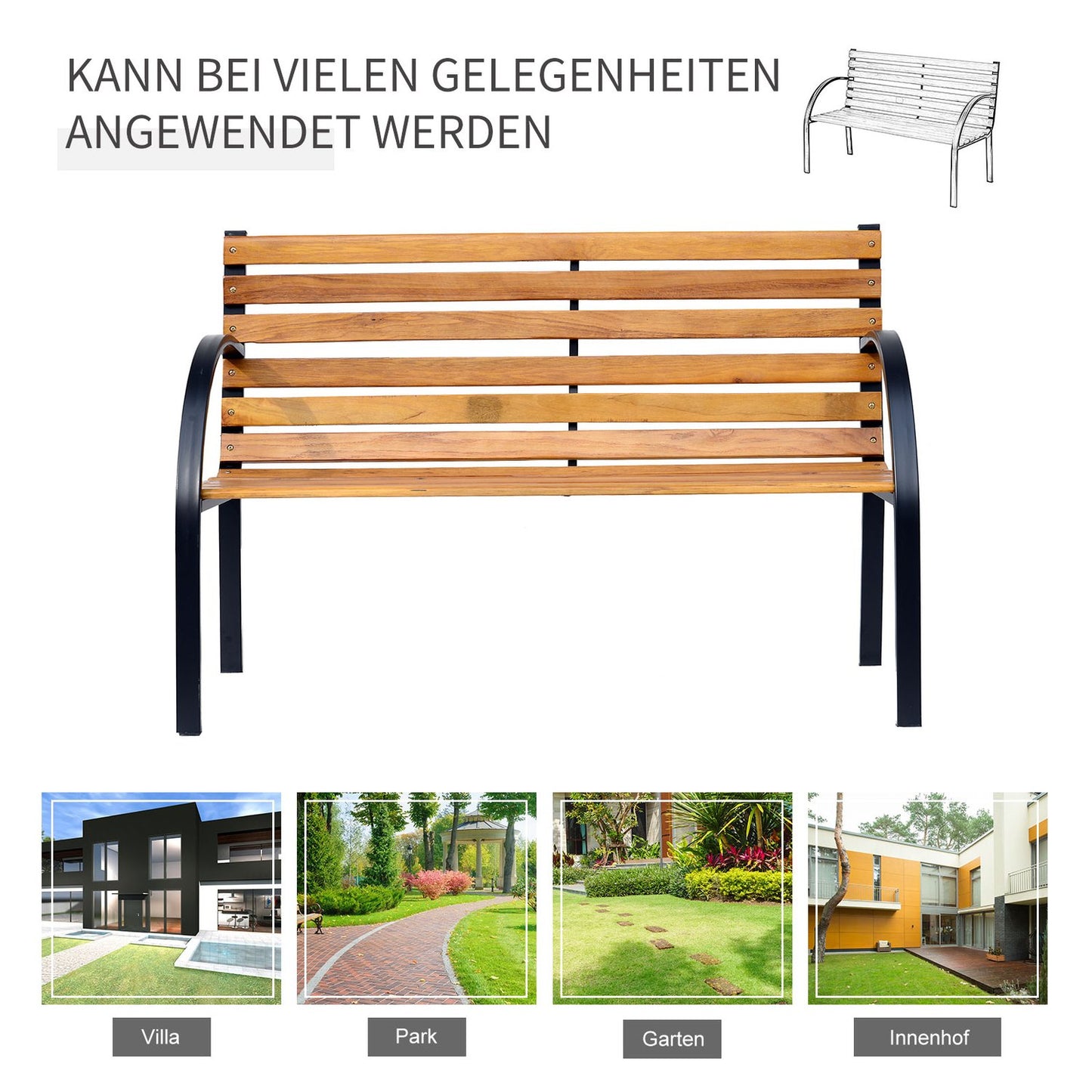 2-seater garden bench, steel and pine, 122x60x83 cm