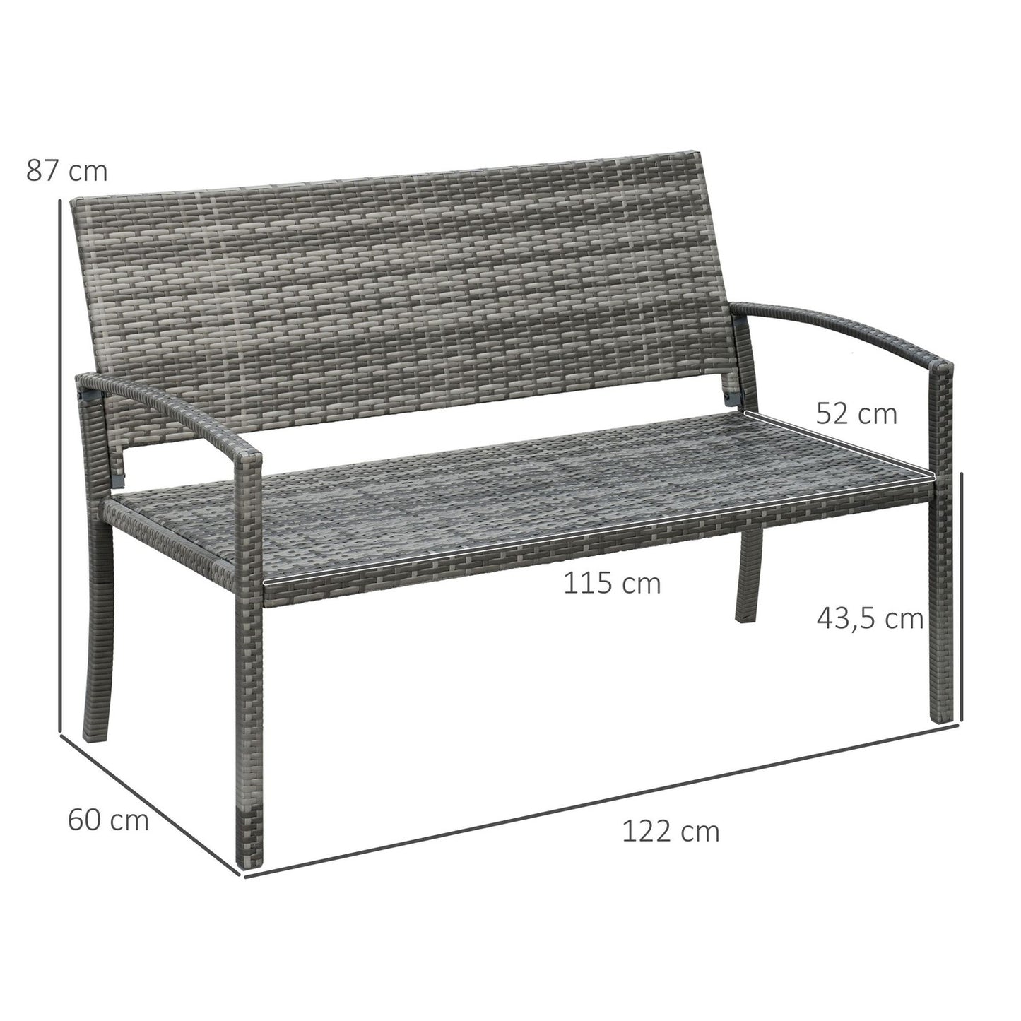 Garden bench – Rattan look, steel frame, 2-person, grey