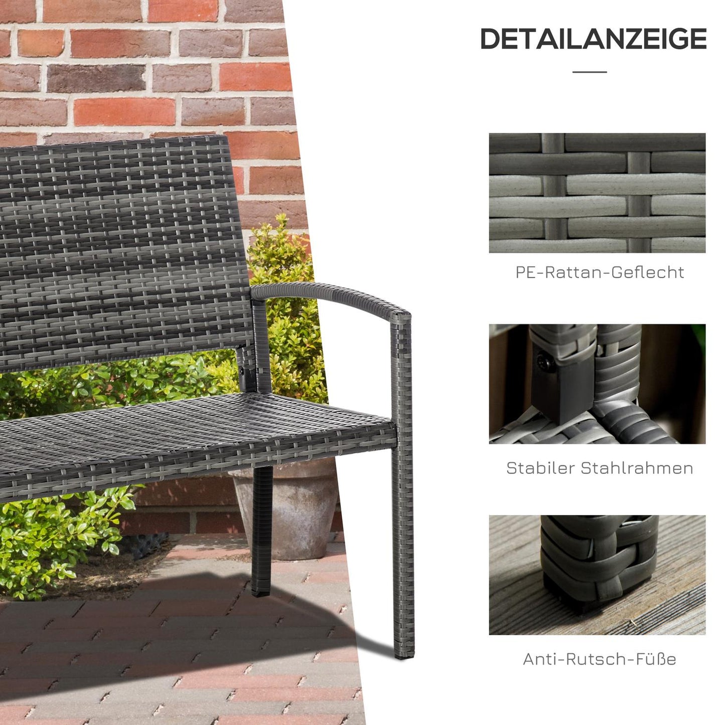 Garden bench – Rattan look, steel frame, 2-person, grey