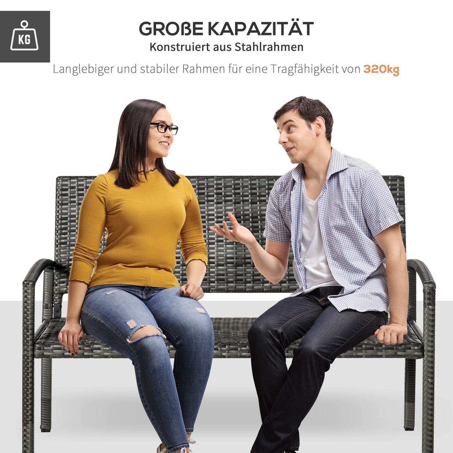 Garden bench – Rattan look, steel frame, 2-person, grey