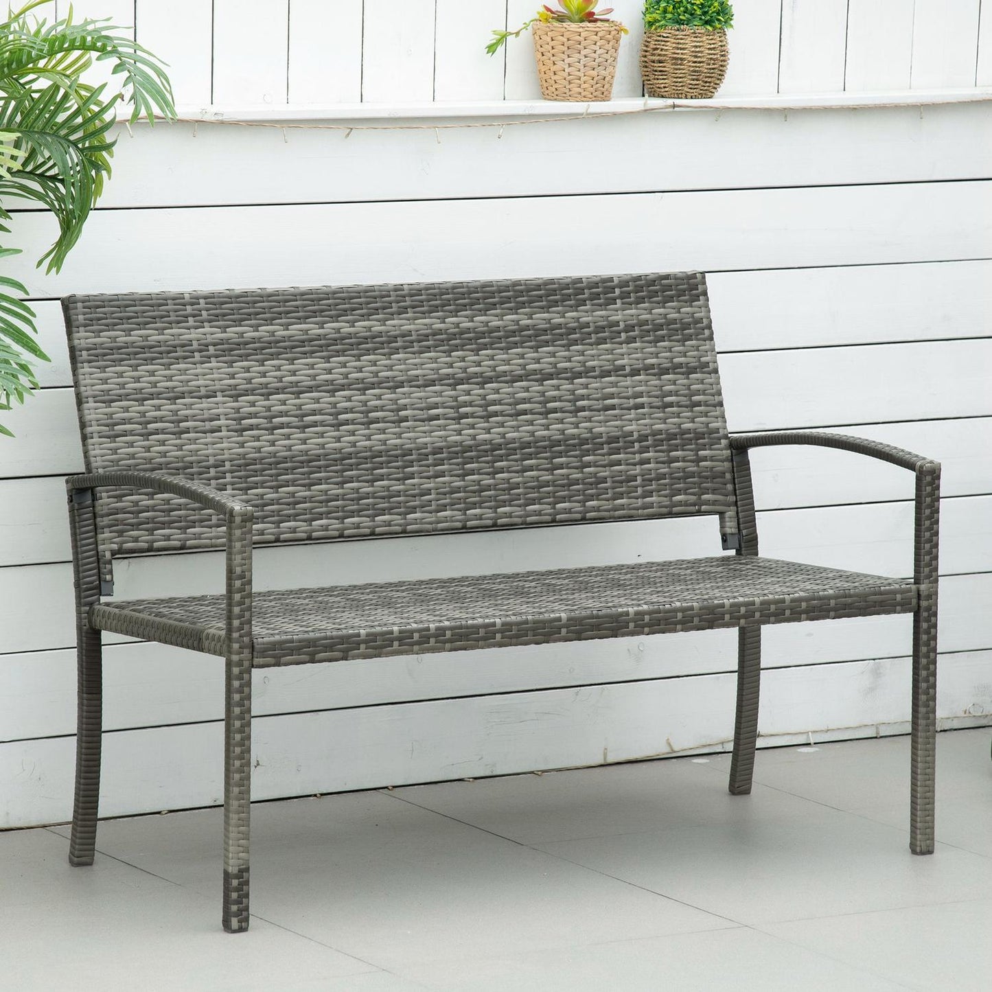 Garden bench – Rattan look, steel frame, 2-person, grey