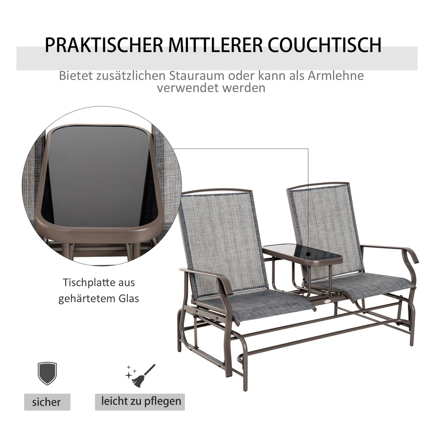 2-seater garden rocking bench with table