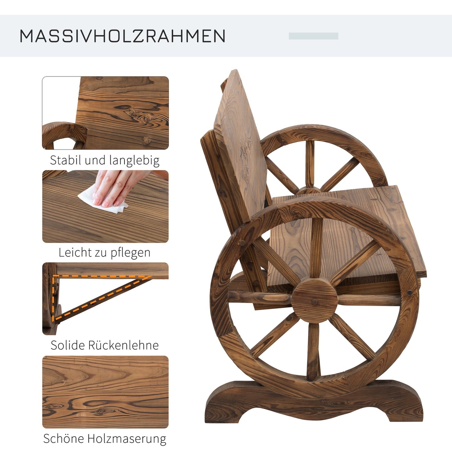 Rustic garden bench in solid wood, wagon wheels & armrests