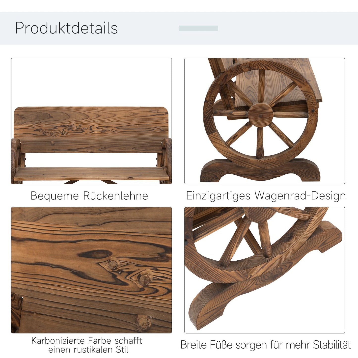 Rustic garden bench in solid wood, wagon wheels & armrests