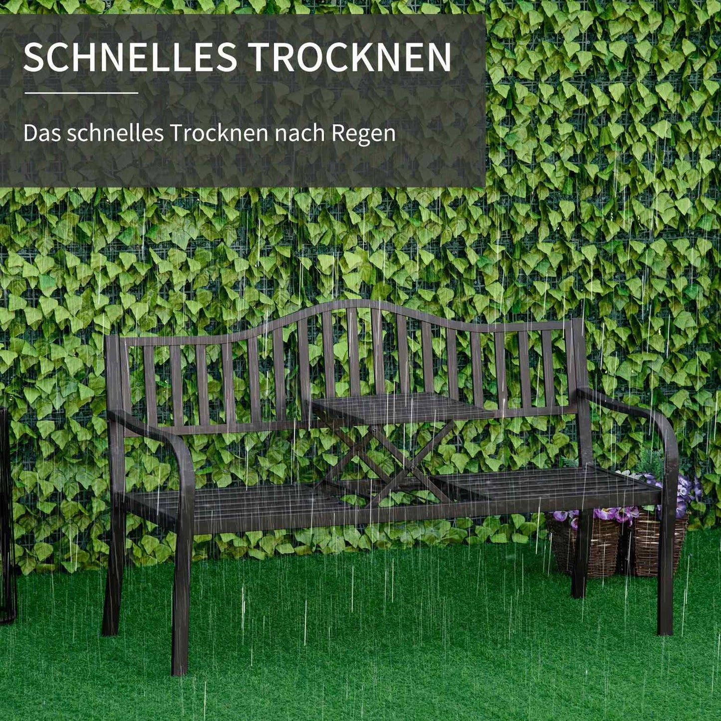 Black metal park bench with extendable table, 150cm