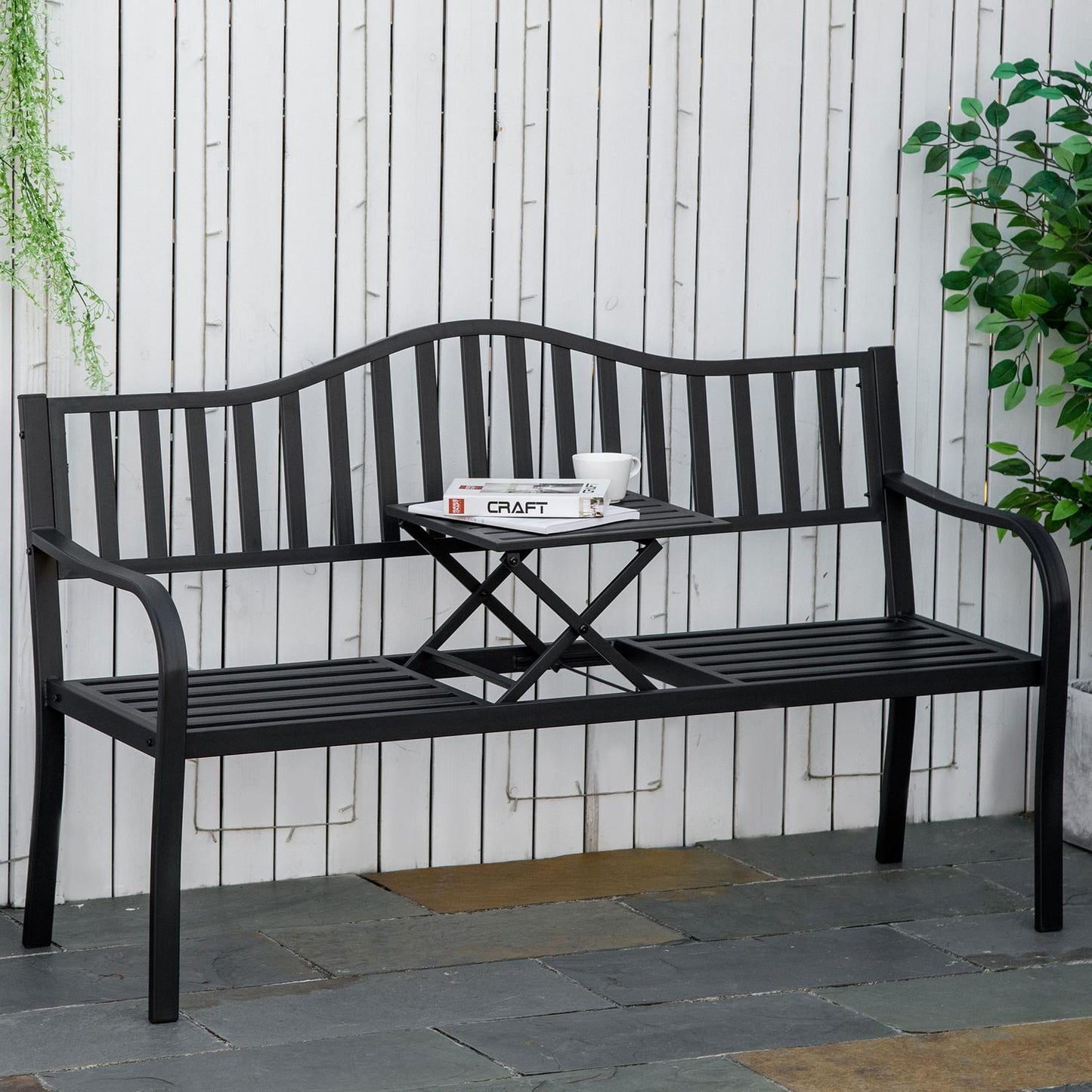 Black metal park bench with extendable table, 150cm