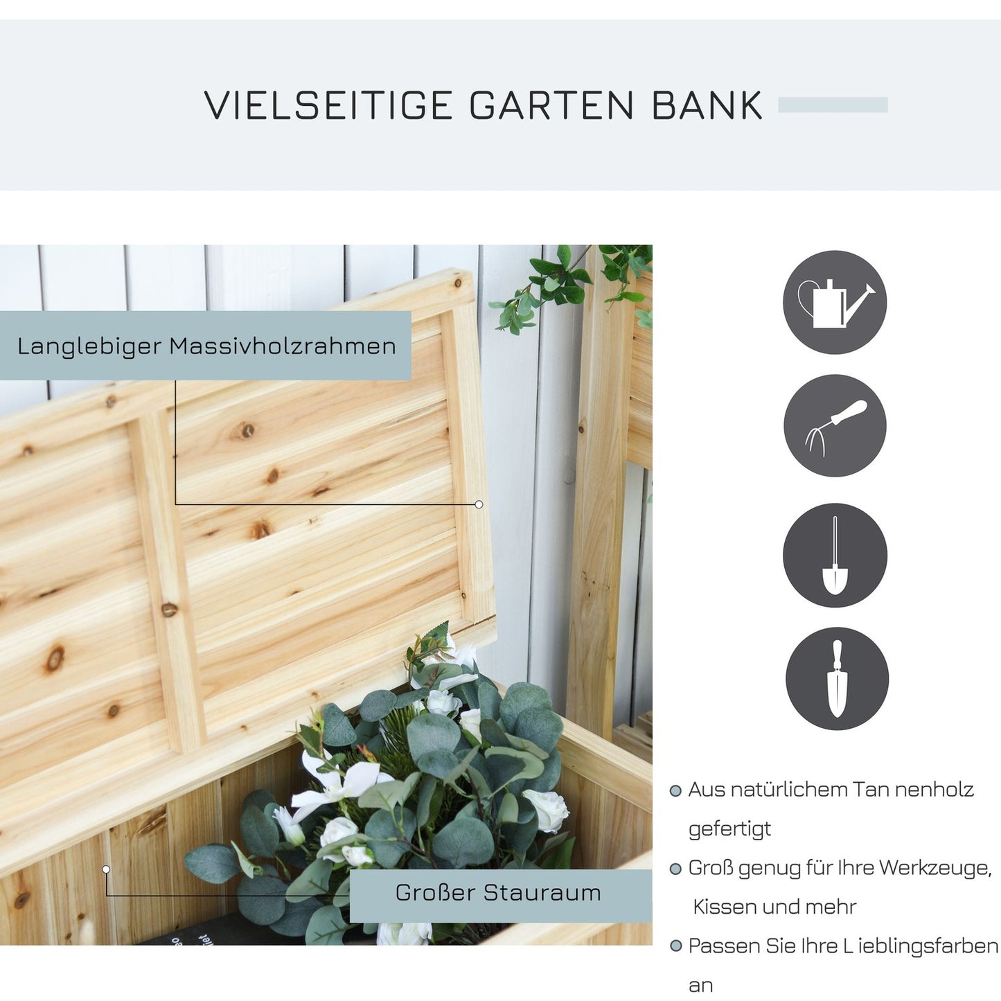 Garden bench with storage, 2-seater, spruce, 250 kg capacity