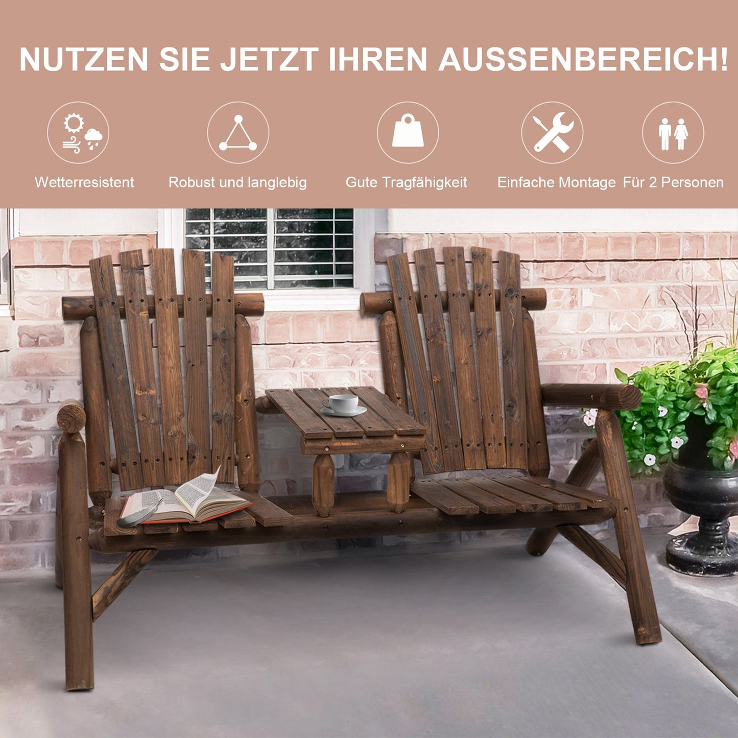 Garden bench set with table, 2 chairs, brown
