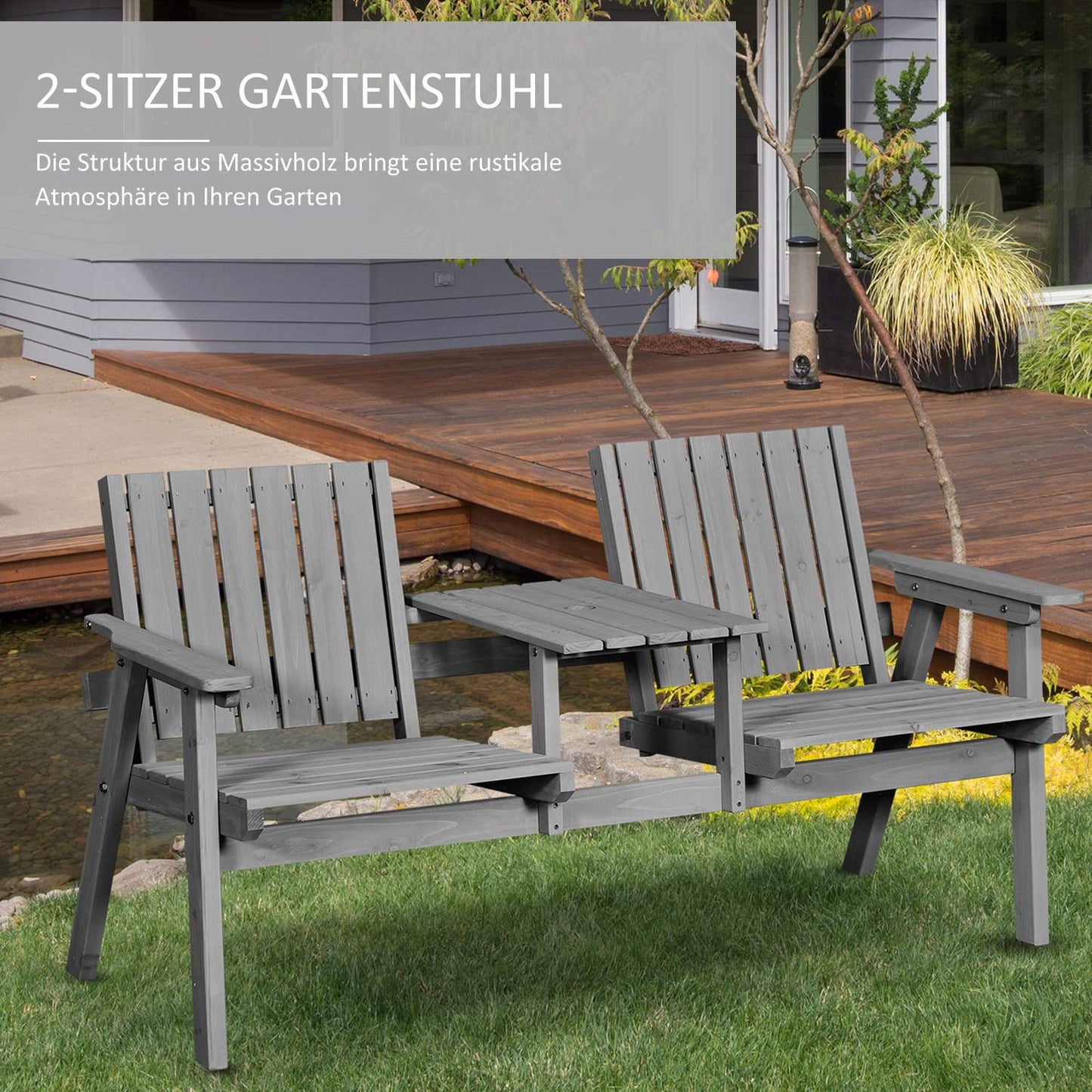 Garden furniture set - gray solid wood, 2 seats, umbrella hole