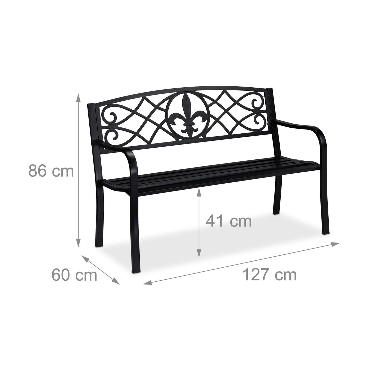 Garden Bench with Fleur de Lis Backrest, Black Metal