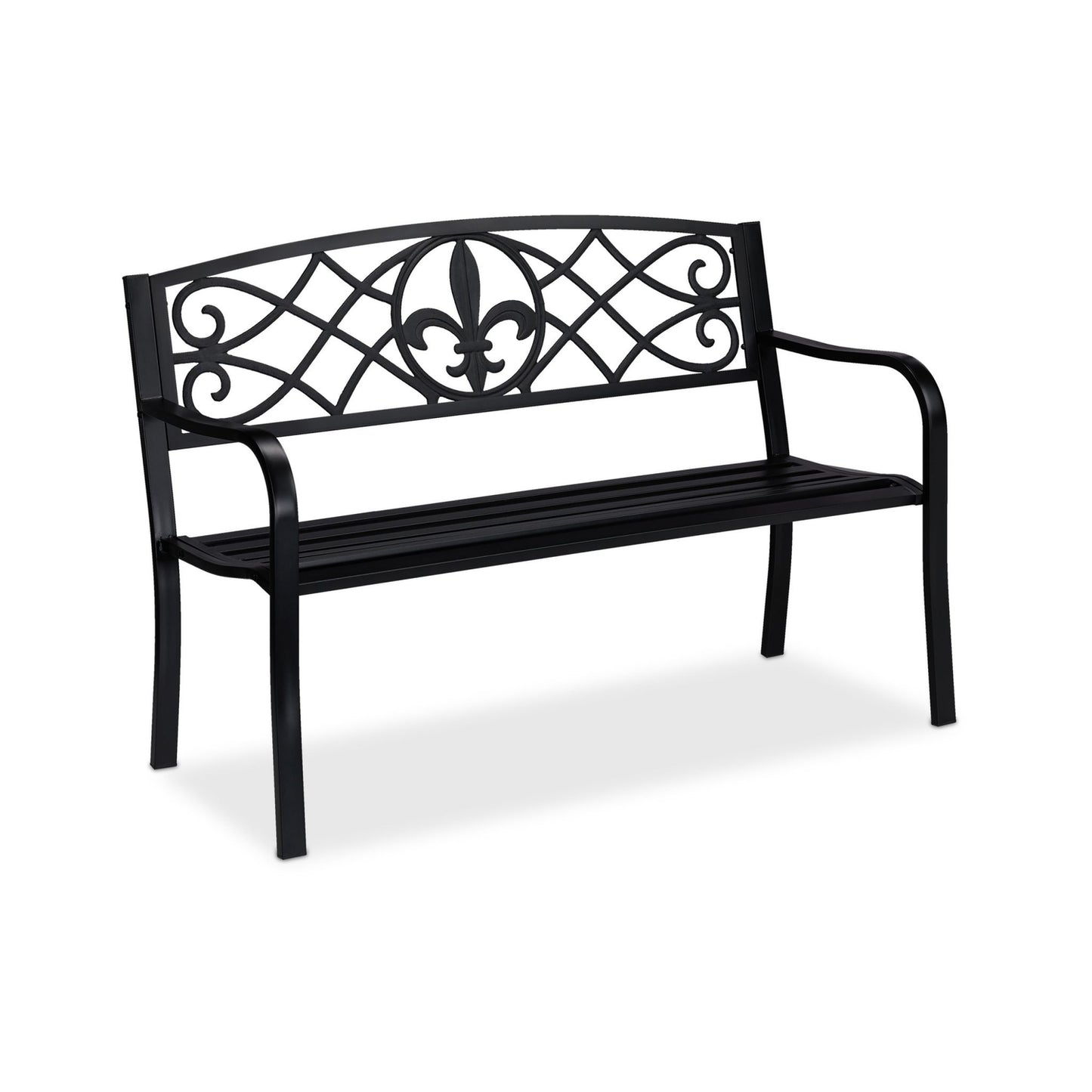 Garden Bench with Fleur de Lis Backrest, Black Metal