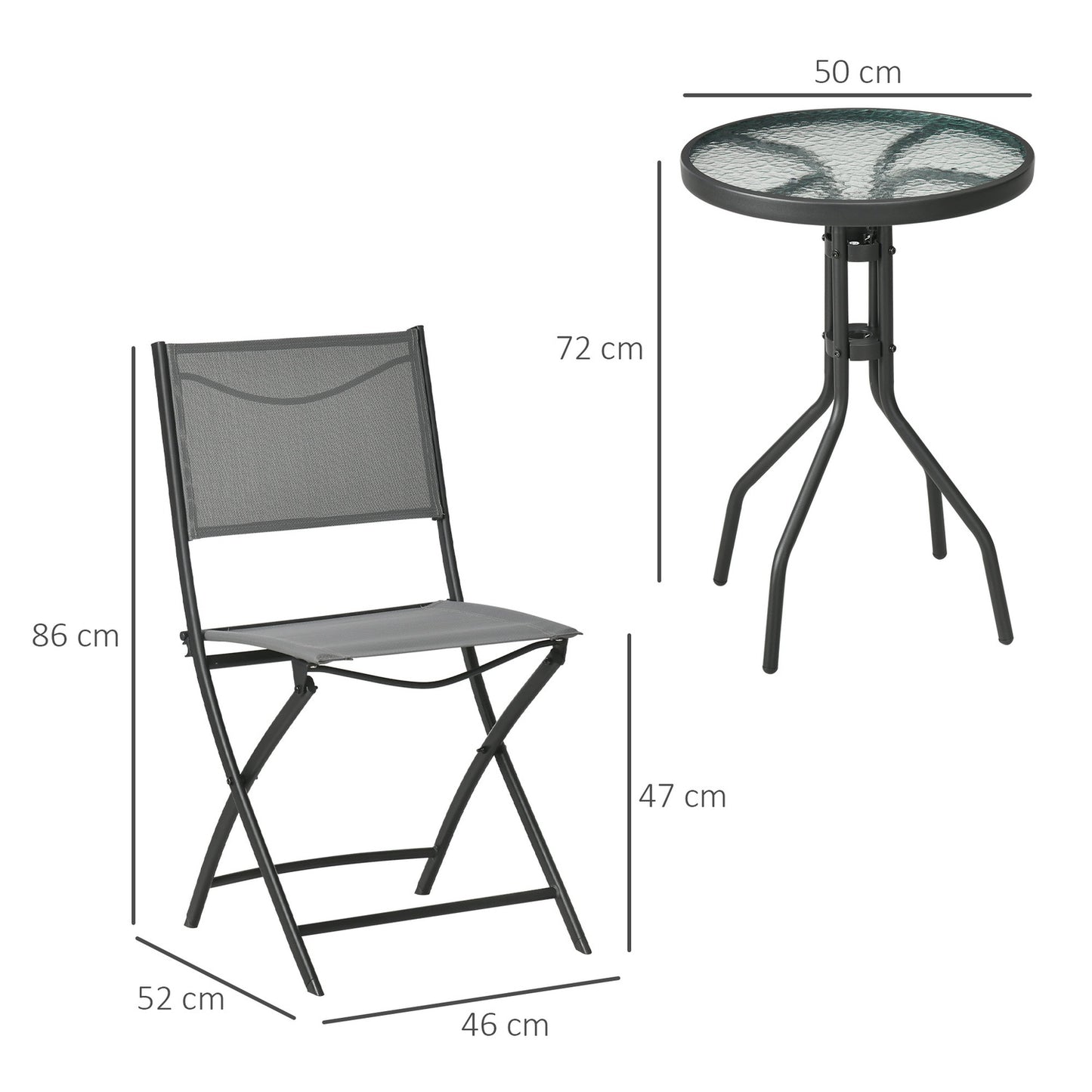 Garden Bistro Set - 1 table & 2 folding chairs, steel grey