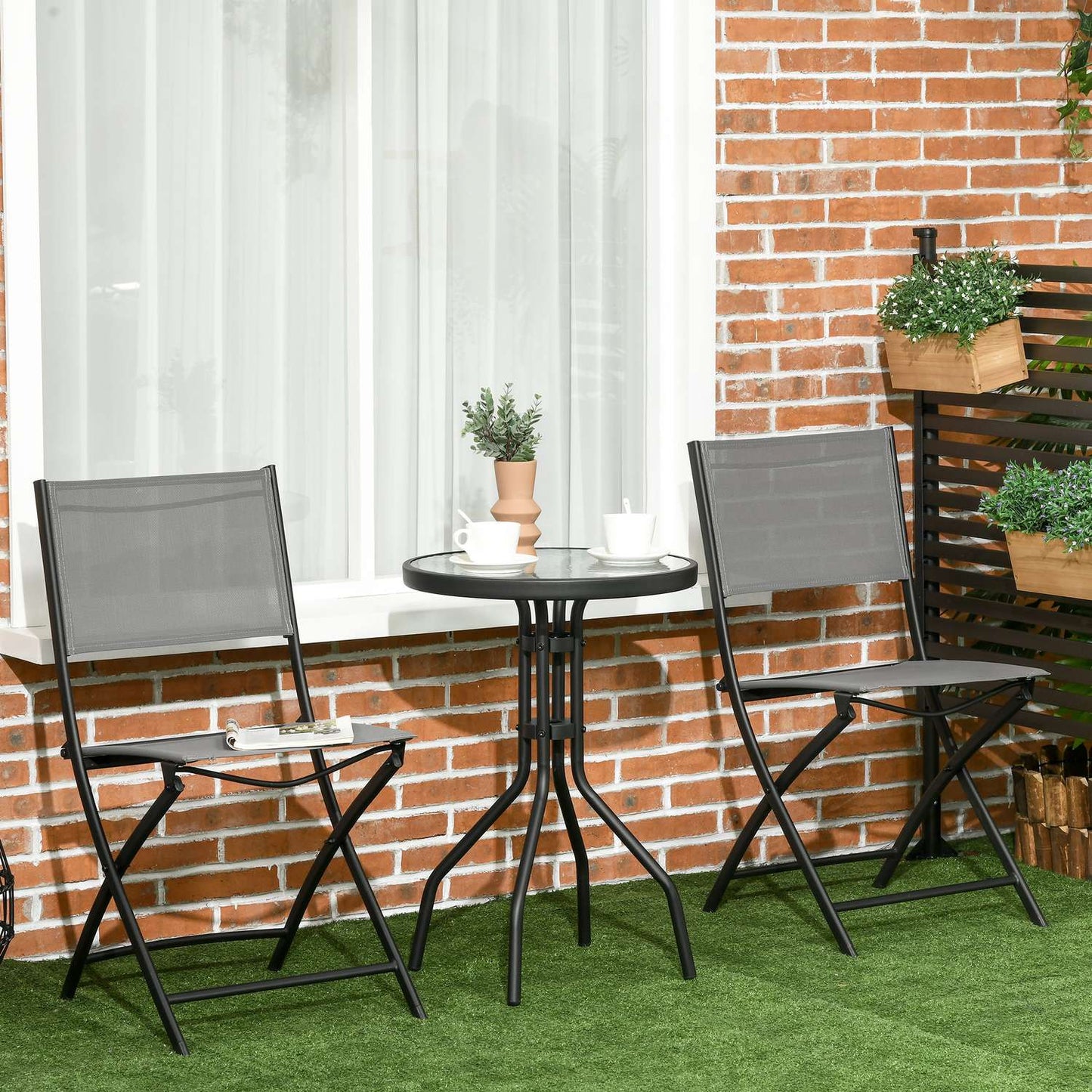 Garden Bistro Set - 1 table & 2 folding chairs, steel grey