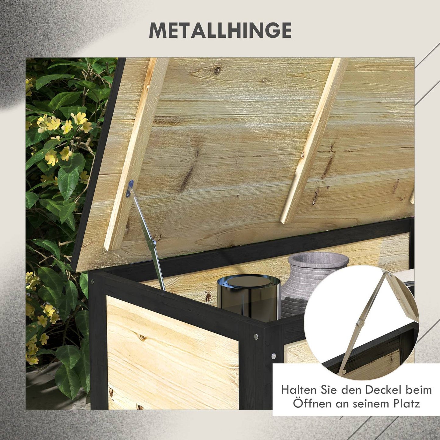 Weatherproof wooden storage box with wheels, 121L capacity