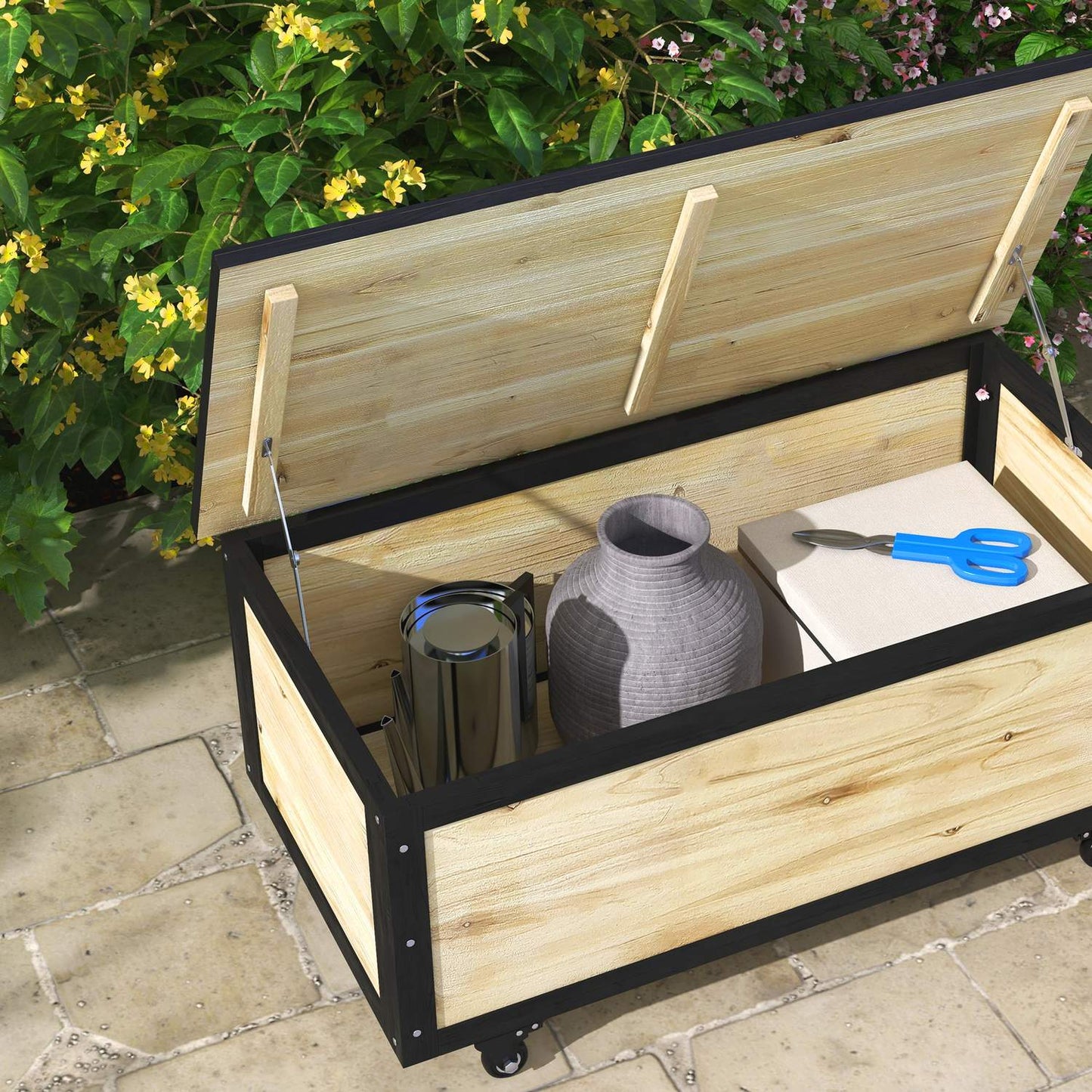 Weatherproof wooden storage box with wheels, 121L capacity