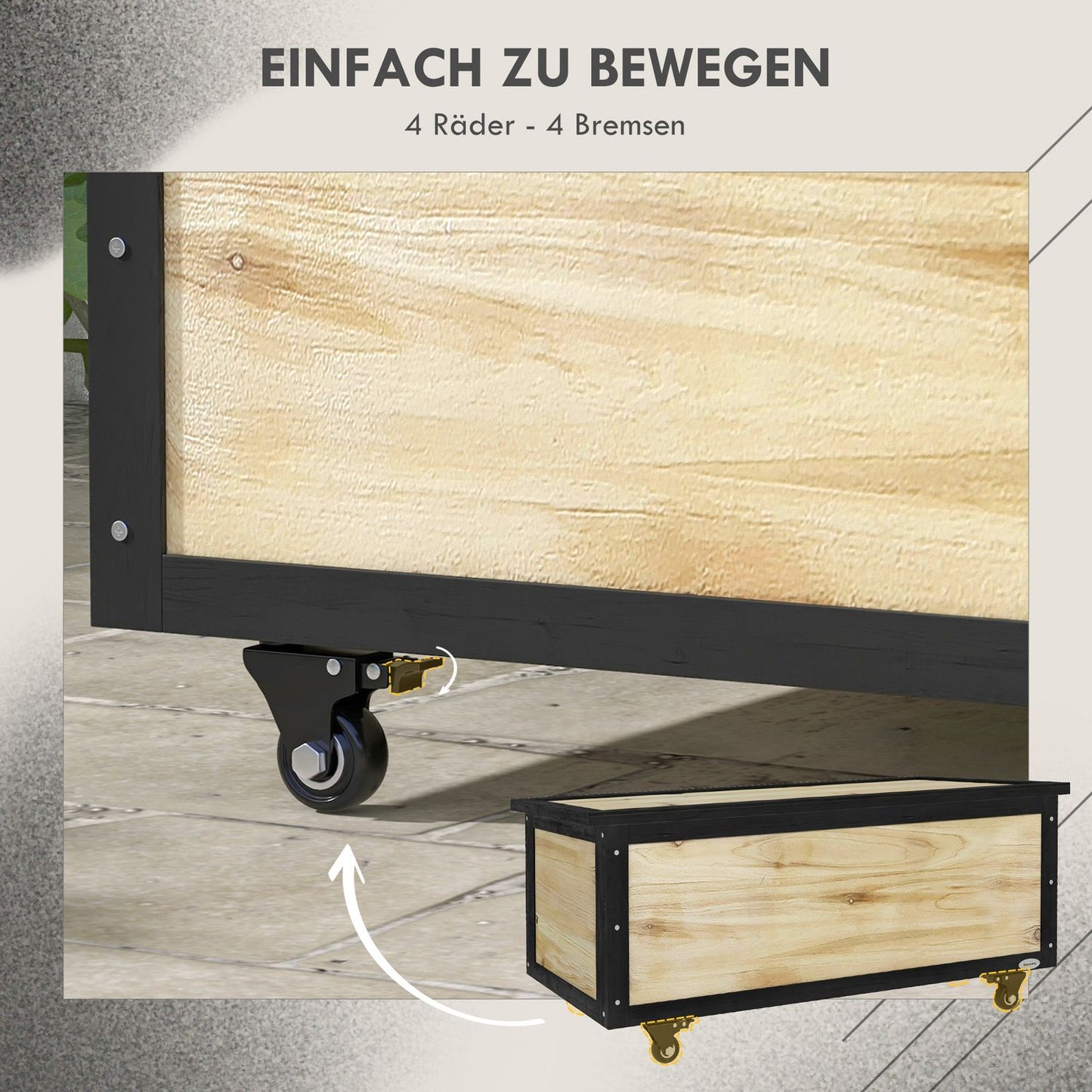 Weatherproof wooden storage box with wheels, 121L capacity