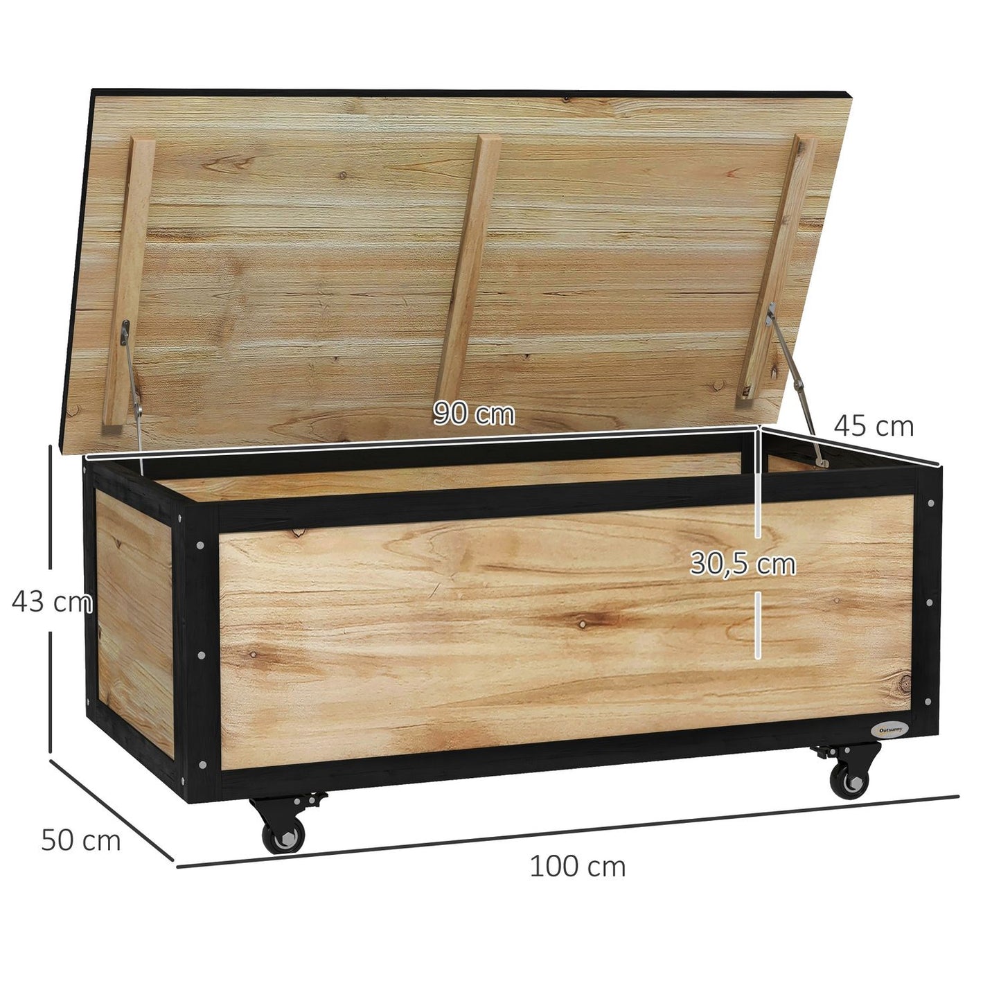 Weatherproof wooden storage box with wheels, 121L capacity