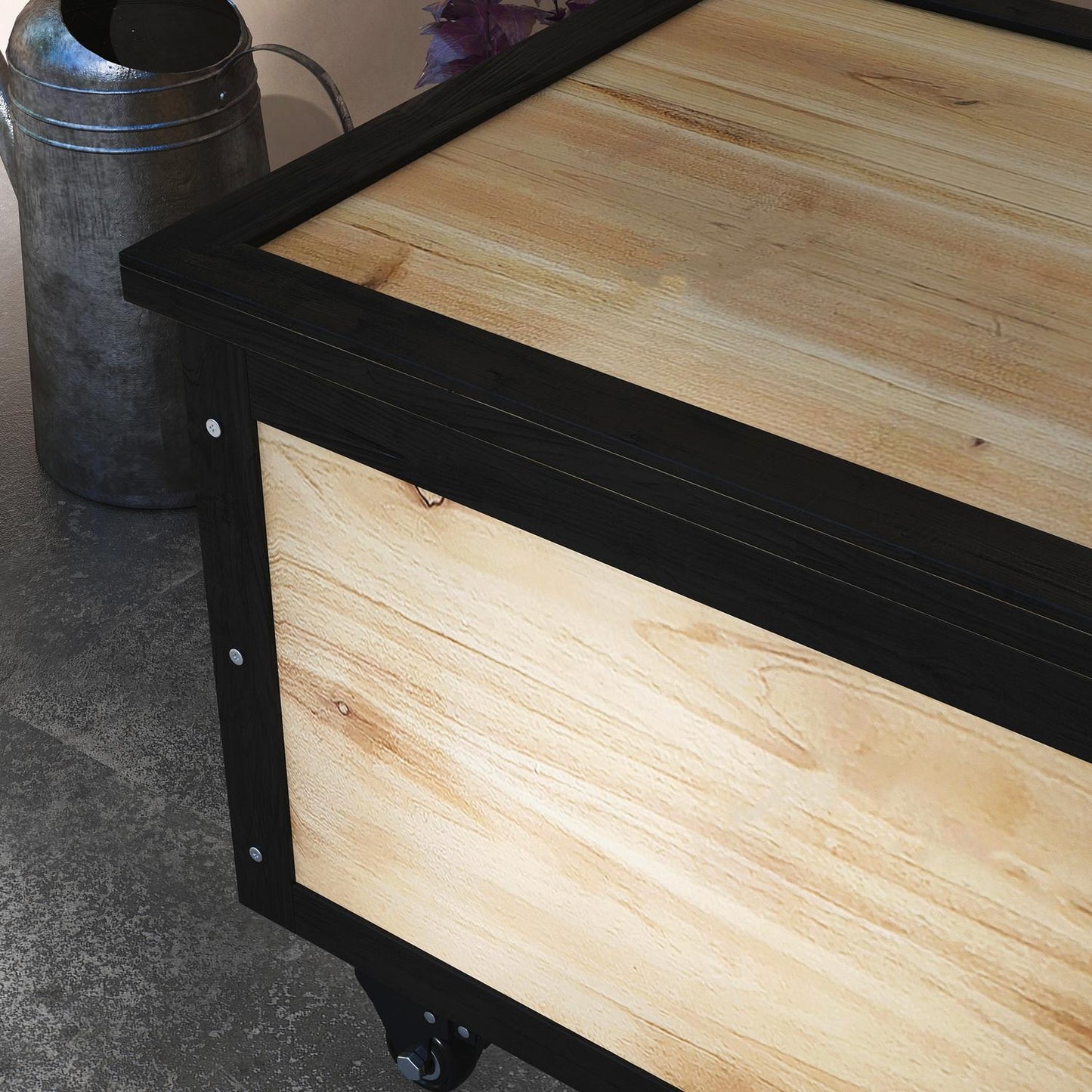Weatherproof wooden storage box with wheels, 121L capacity