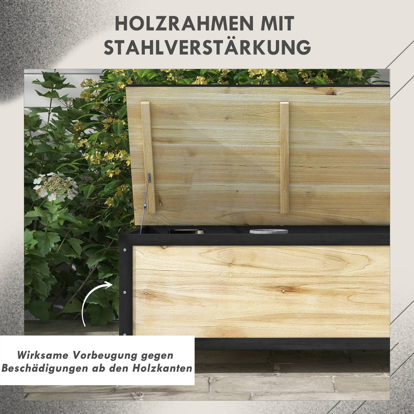 Weatherproof wooden storage box with wheels, 121L capacity