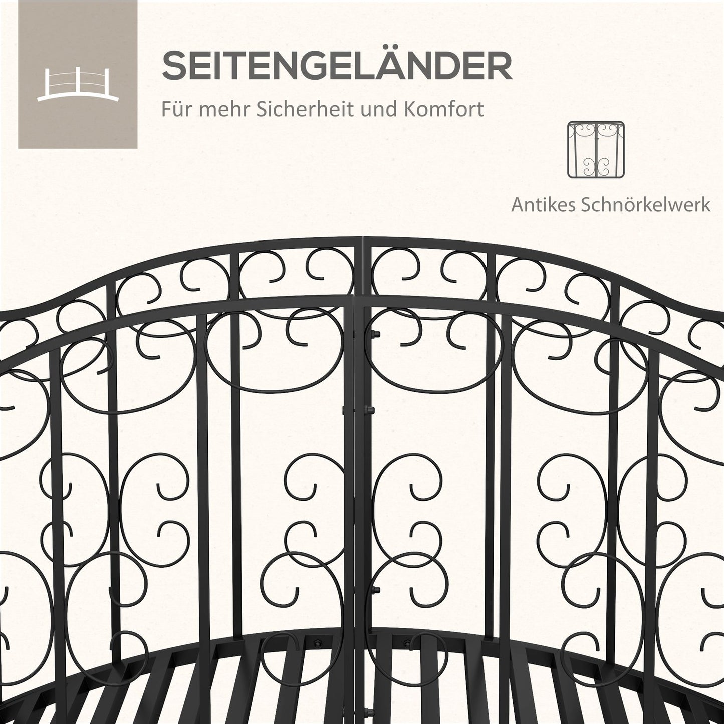 Garden dam bridge in steel with flower railing, 1.19 m, black
