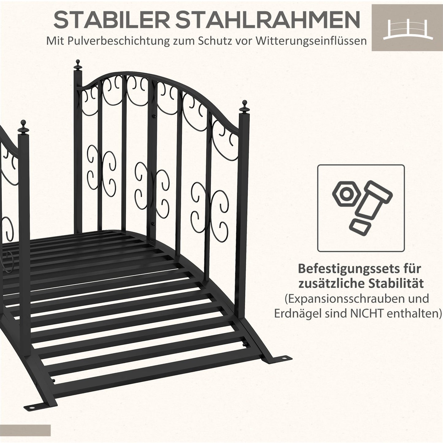 Garden dam bridge in steel with flower railing, 1.19 m, black