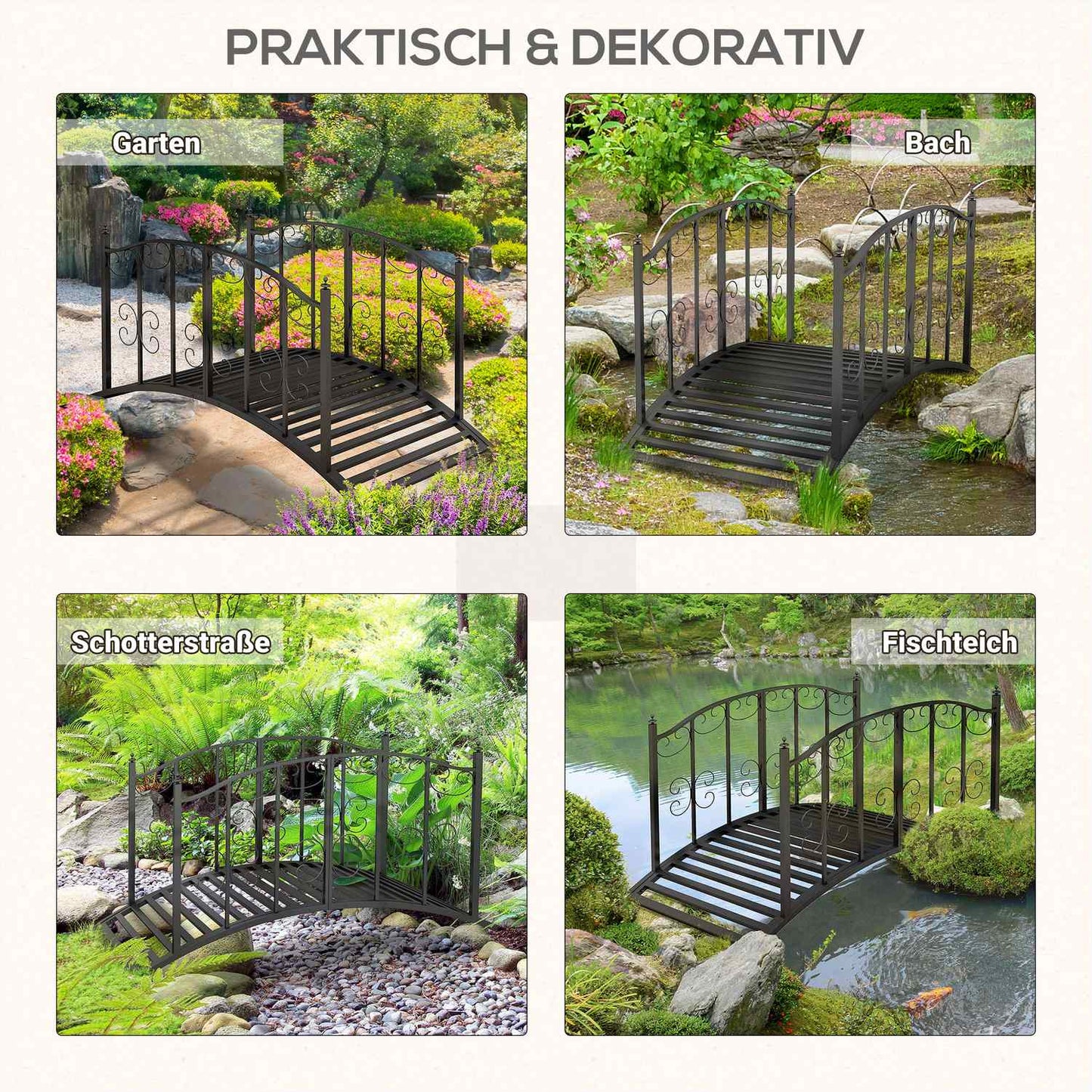 Garden dam bridge in steel with flower railing, 1.19 m, black