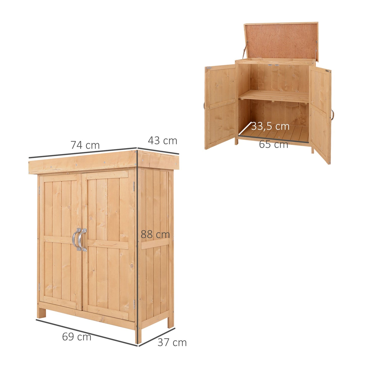 Weather resistant spruce garden cabinet, double doors, 2 compartments