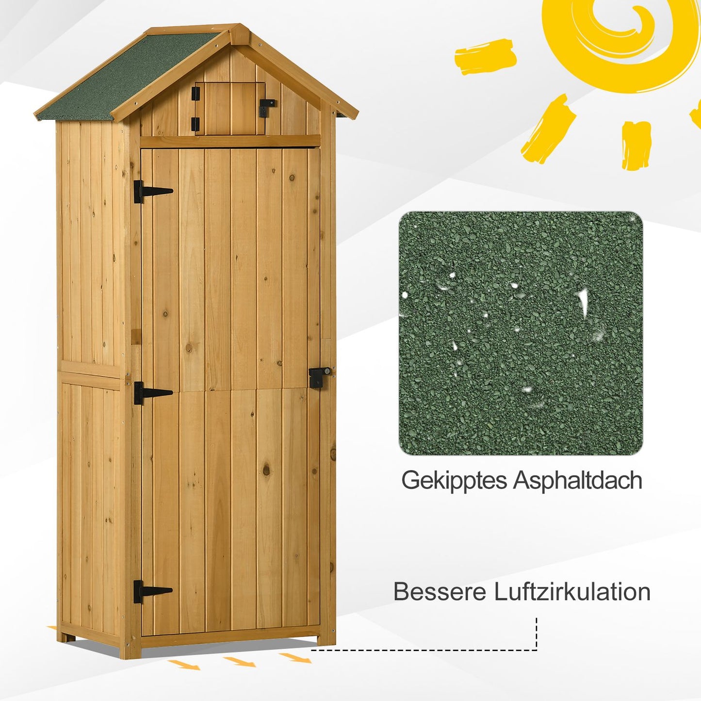 Wooden garden tool shed with shelves, asphalt roof, window