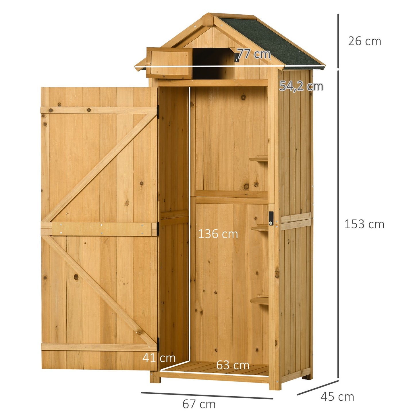 Wooden garden tool shed with shelves, asphalt roof, window