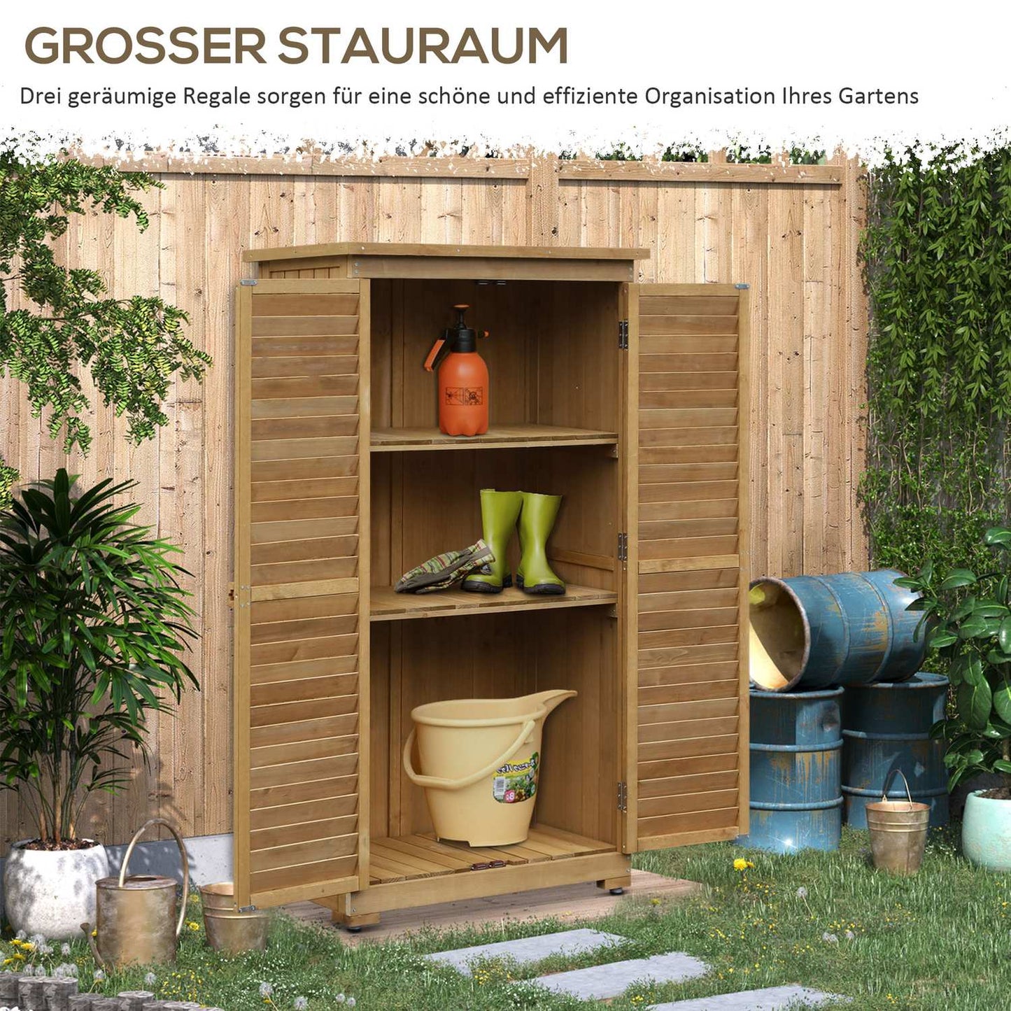 Wooden garden tool shed with slatted doors, 87x46.5x160 cm