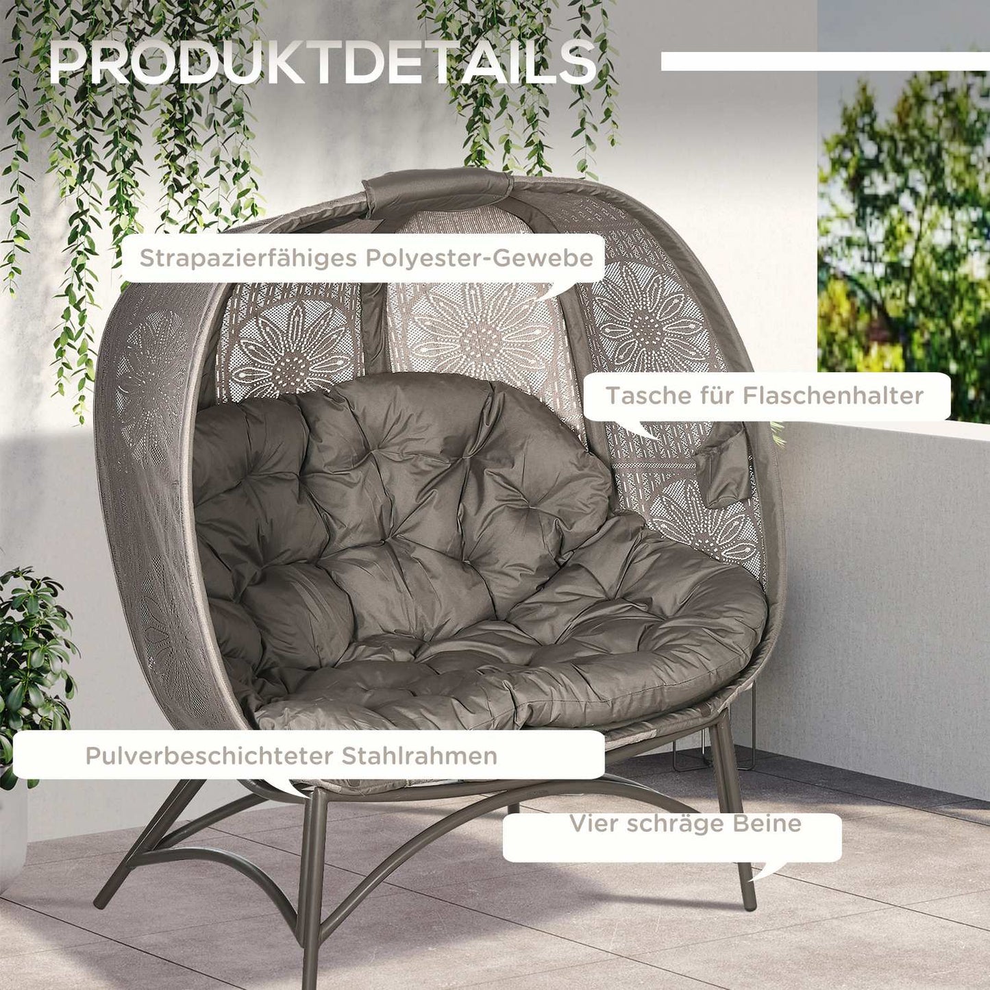 Wicker 2-seater garden chair with cushion, folding basket