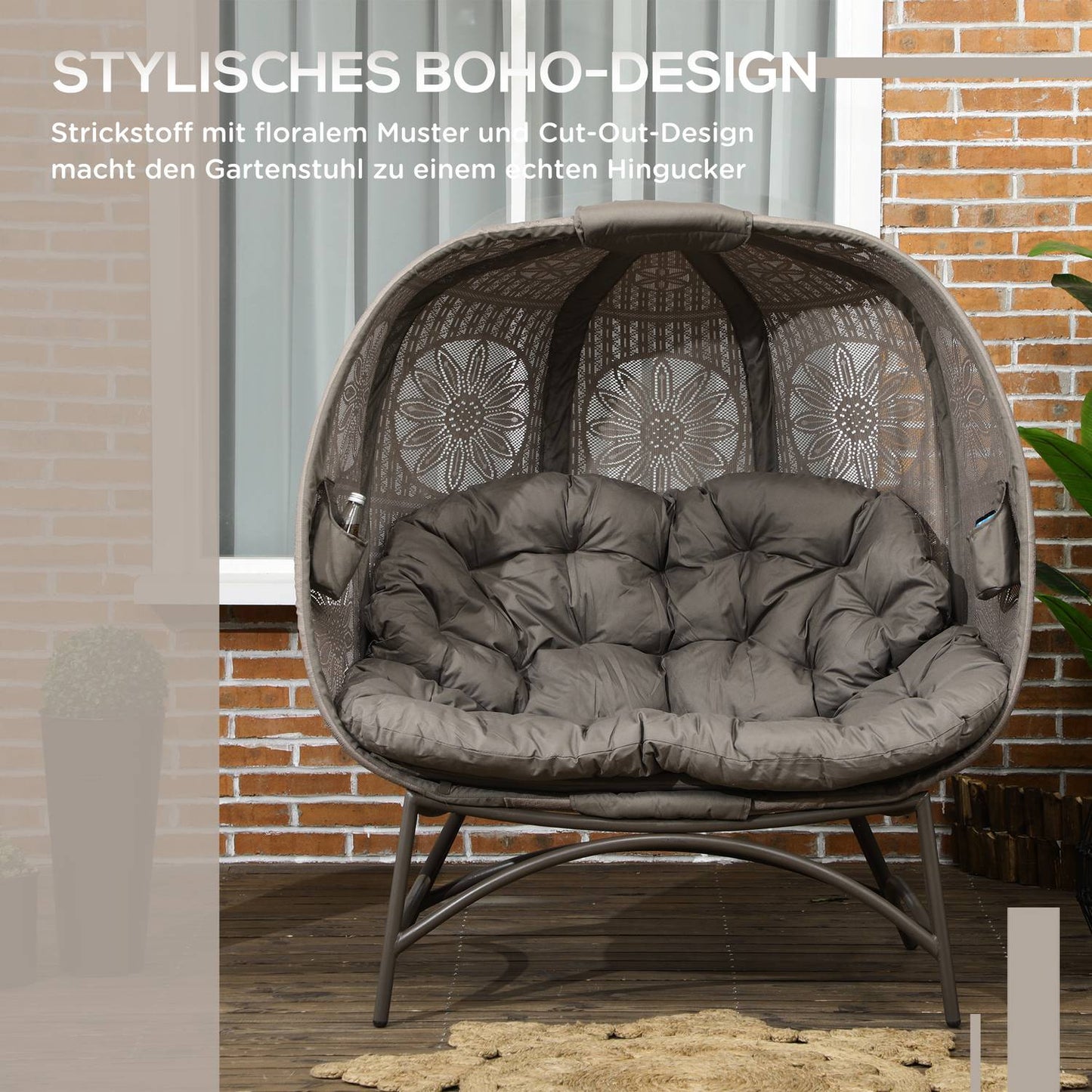 Wicker 2-seater garden chair with cushion, folding basket